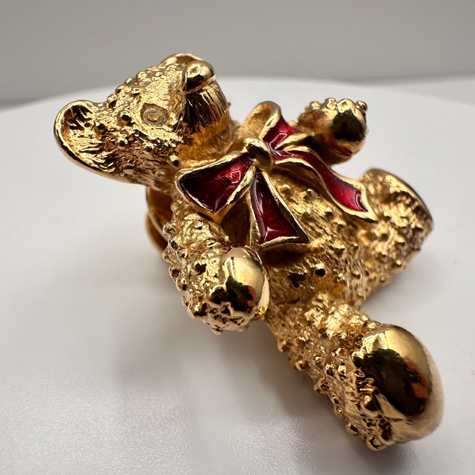 Vintage 80s Gold Tone Teddy Bear Brooch Pin Red Enamel Rhinestone Eyes Jewelry - Thumbnail 3