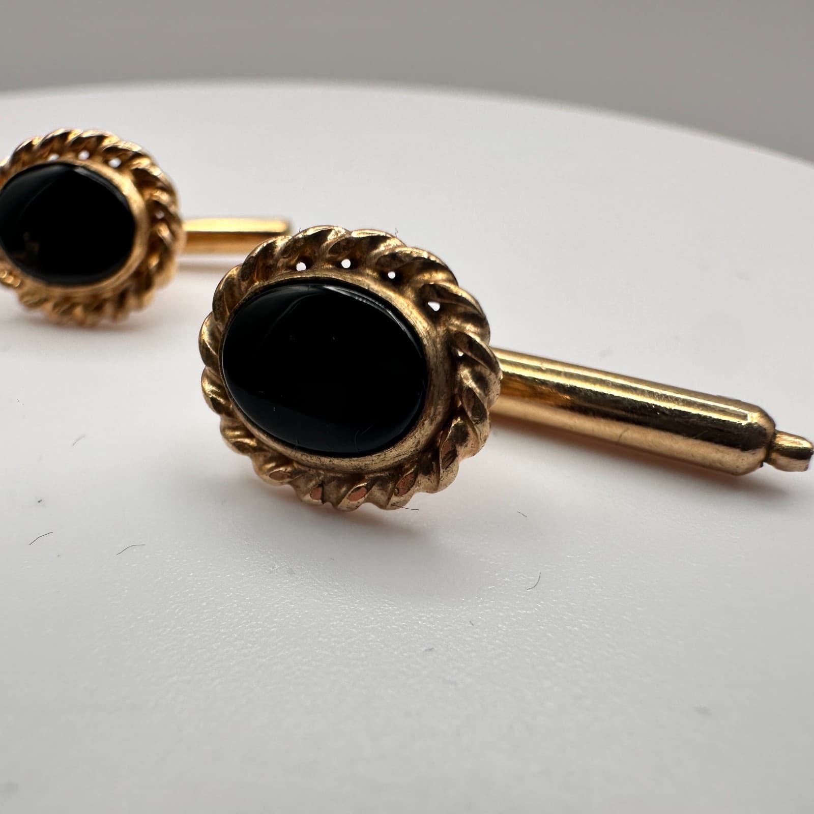 Vintage 90s Gold Tone Twisted Rope Edge Black Onyx Cufflinks Set Jewelry - Thumbnail 3