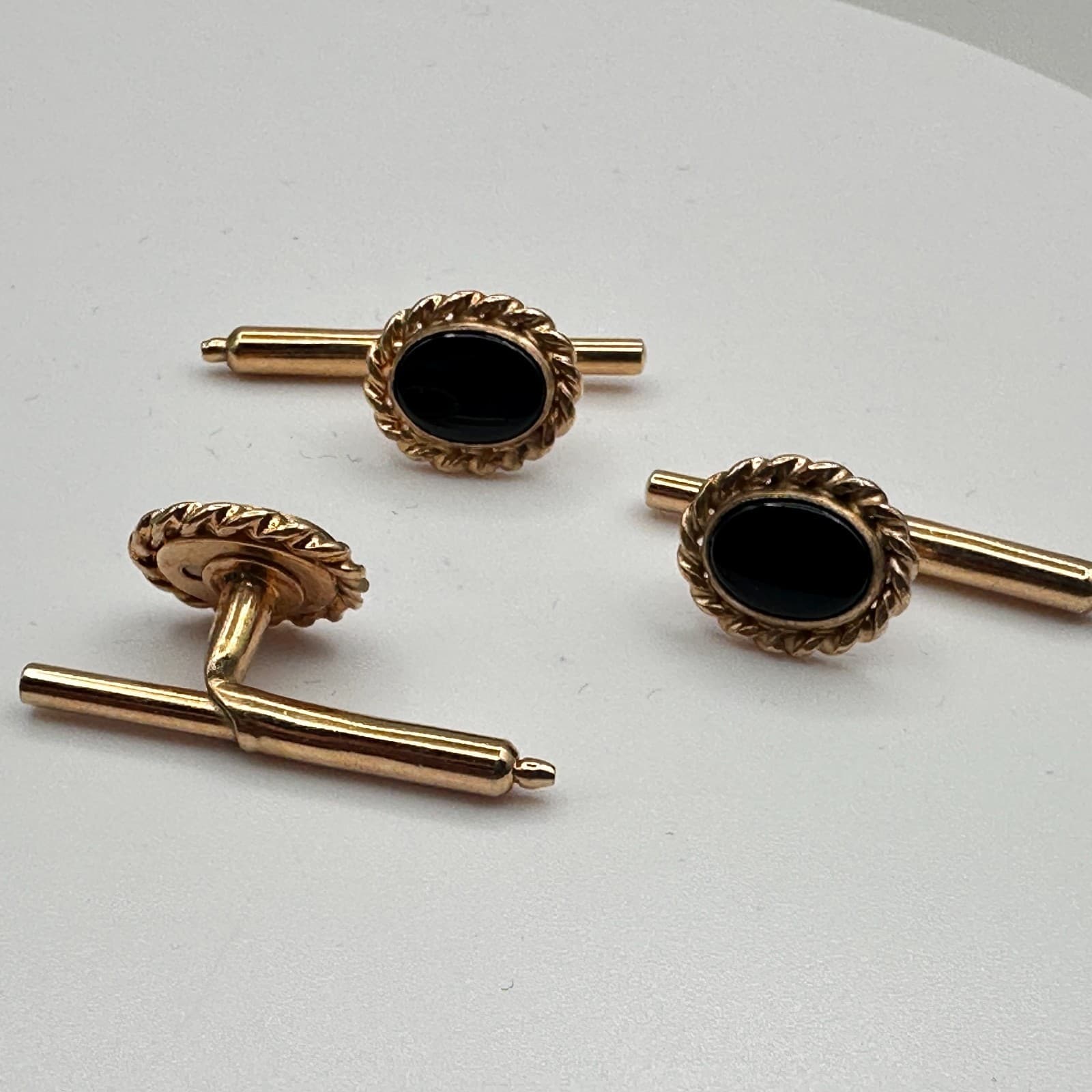 Vintage 90s Gold Tone Twisted Rope Edge Black Onyx Cufflinks Set Jewelry - Thumbnail 6
