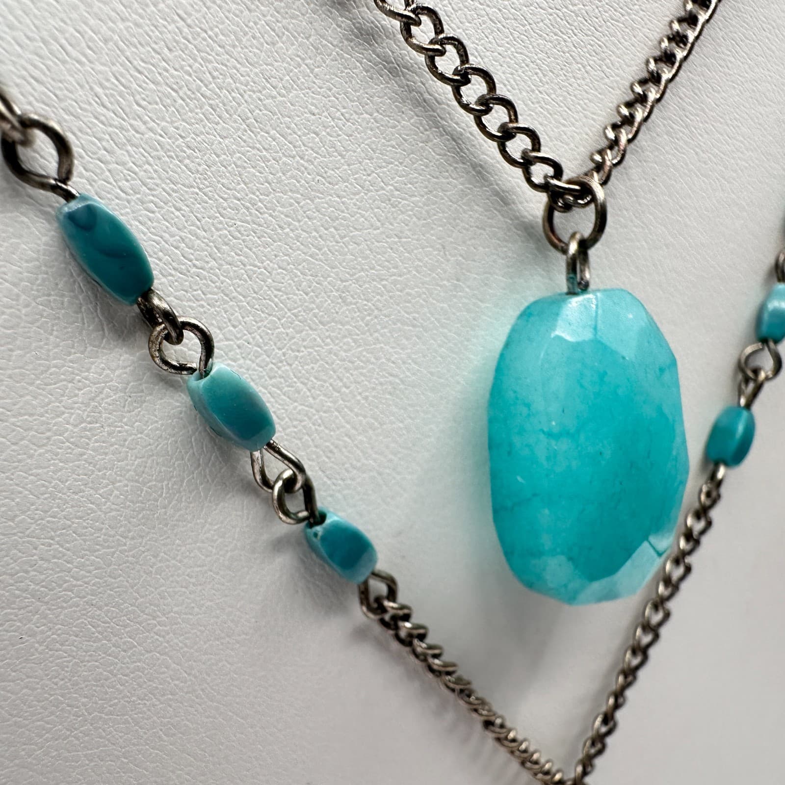 Vintage Y2K Multi Stand Necklace Silver Tone Faux Turquoise Blue Stone Jewelry - Thumbnail 5