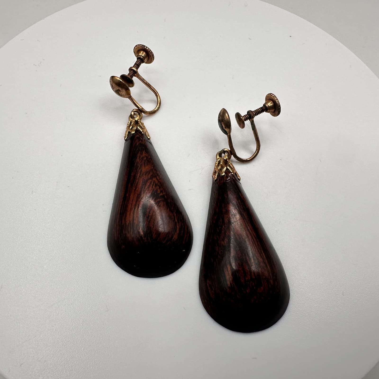 Vintage 90s Wooden Teardrop Dangle Earrings Gold Tone Women's Classic Jewelry - Thumbnail 2