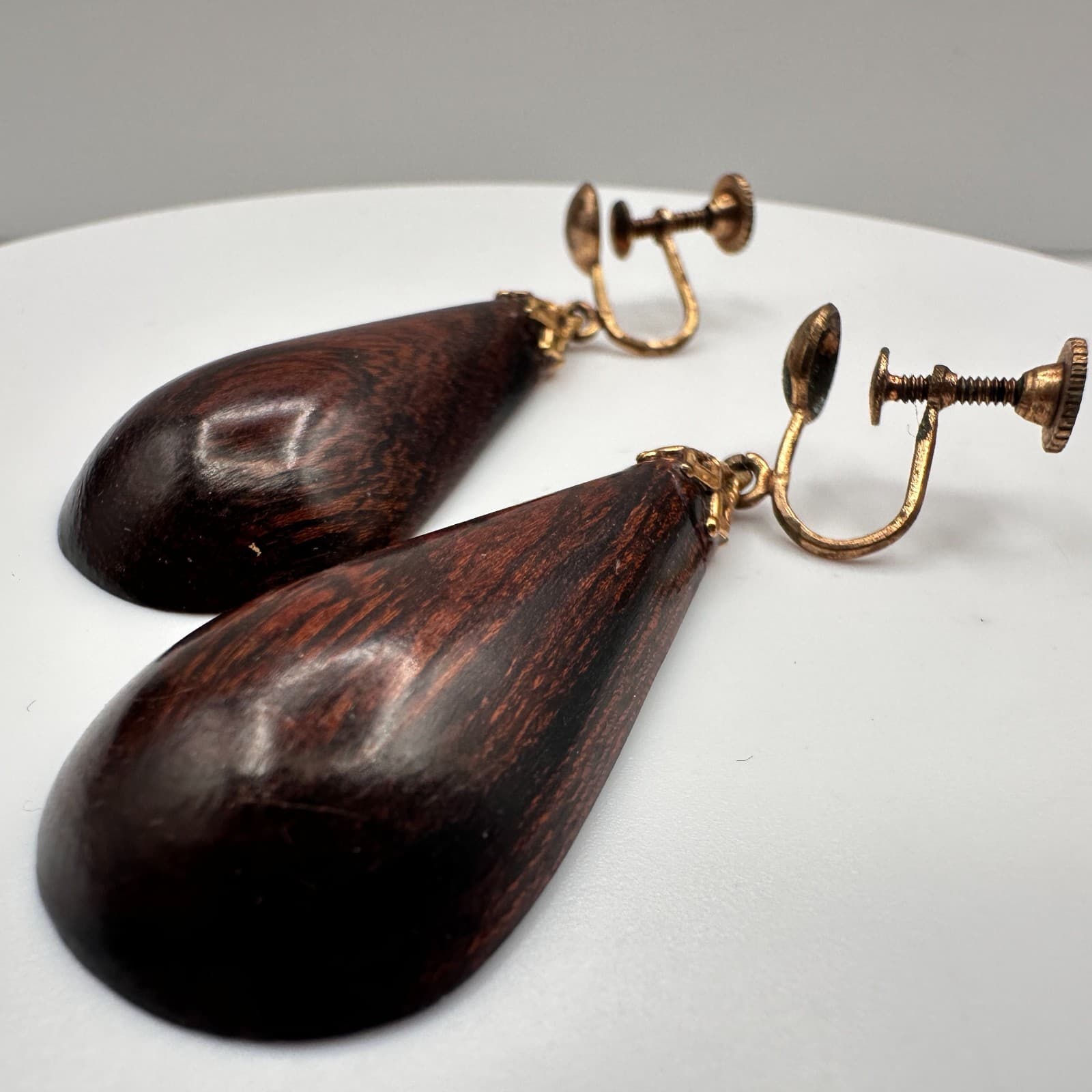 Vintage 90s Wooden Teardrop Dangle Earrings Gold Tone Women's Classic Jewelry - Thumbnail 5