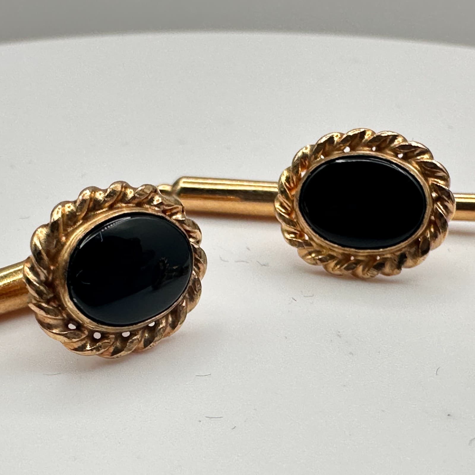 Vintage 90s Gold Tone Twisted Rope Edge Black Onyx Cufflinks Set Jewelry - Thumbnail 4