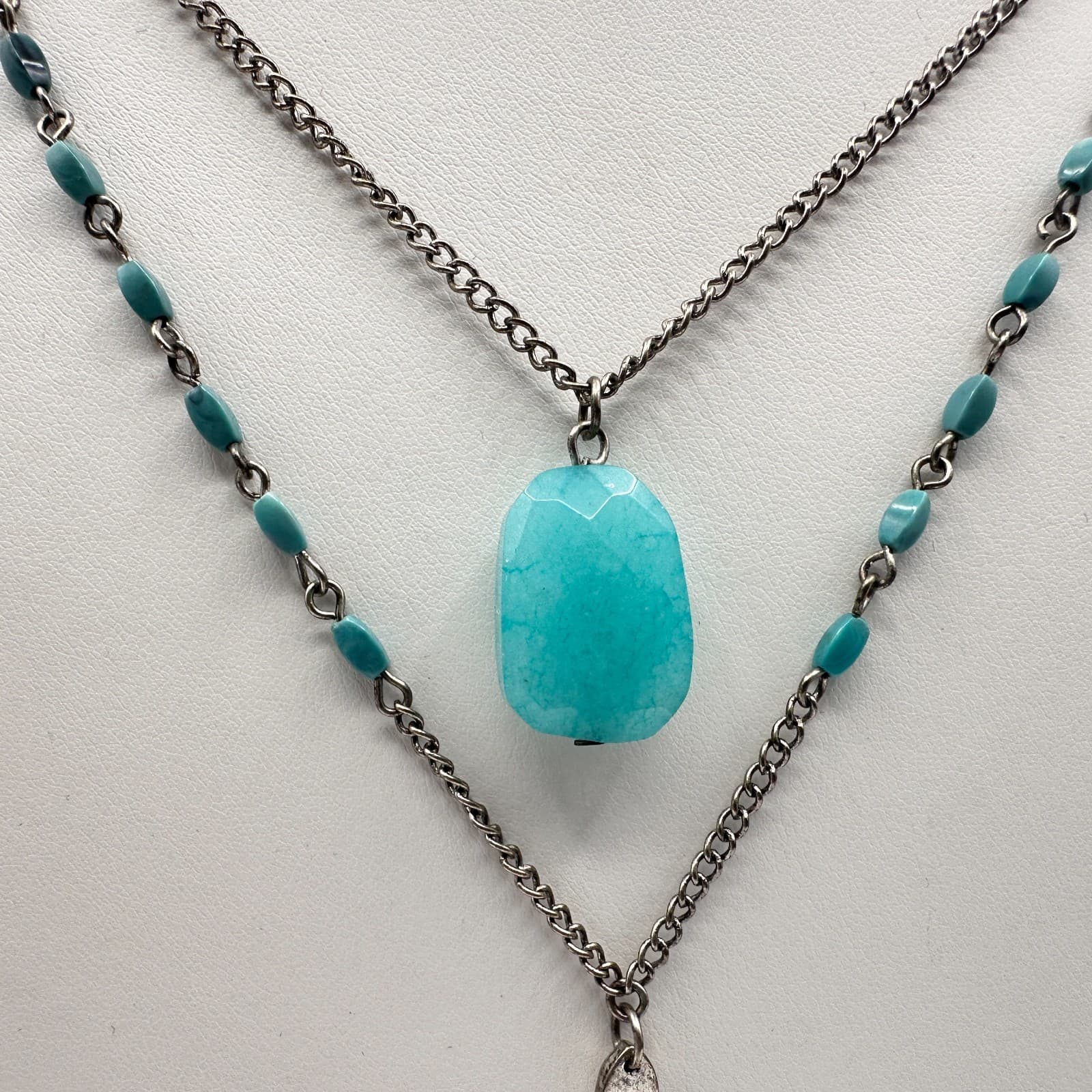 Vintage Y2K Multi Stand Necklace Silver Tone Faux Turquoise Blue Stone Jewelry - Thumbnail 2