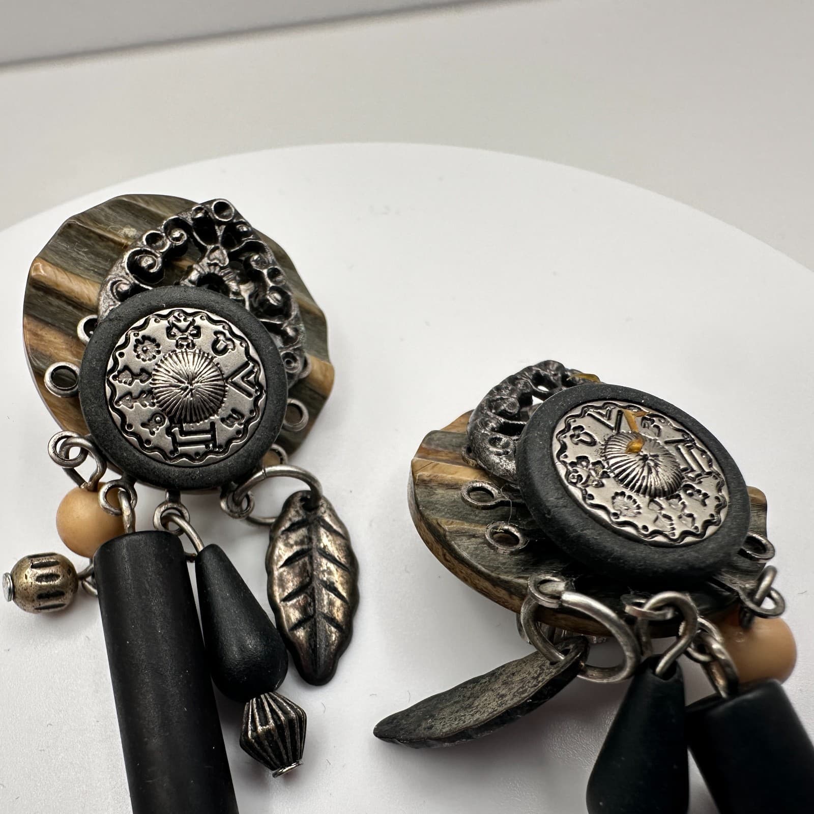 Vintage 90s Dangle Earrings Black Wooden Silver Tone Leaf Boho Woemn's Jewelry - Thumbnail 5