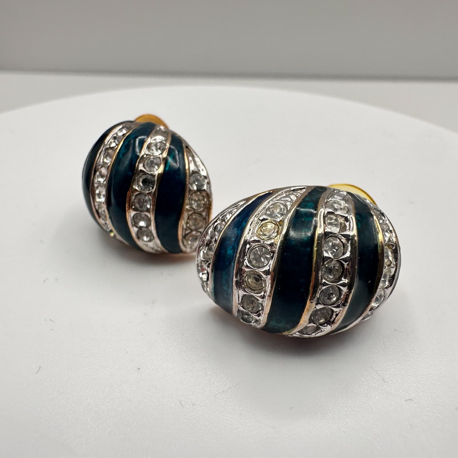 Vintage 80s Teal Blue Enamel Silver Tone Rhinestone Half Hoop Earrings Jewelry - Image 1