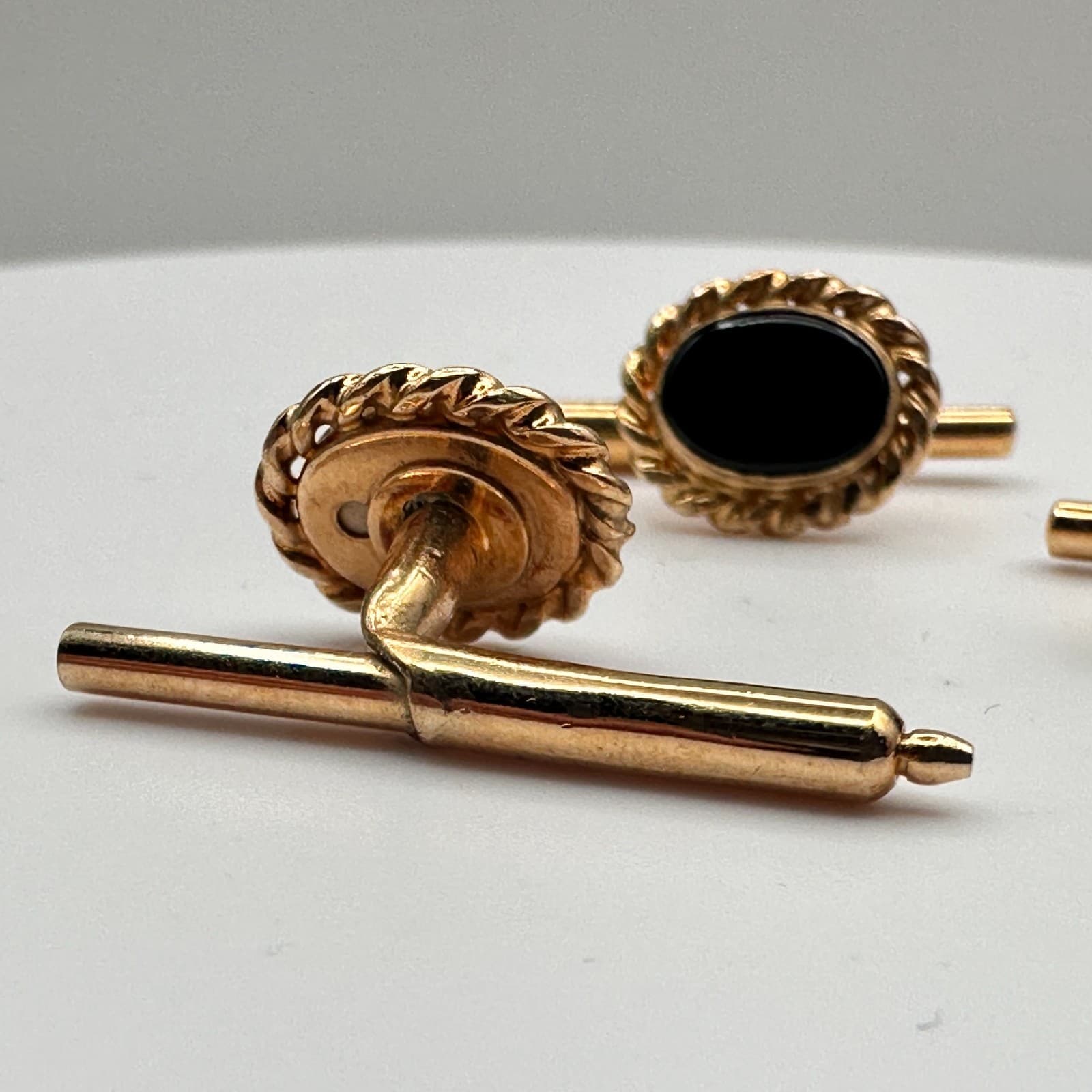 Vintage 90s Gold Tone Twisted Rope Edge Black Onyx Cufflinks Set Jewelry - Thumbnail 5