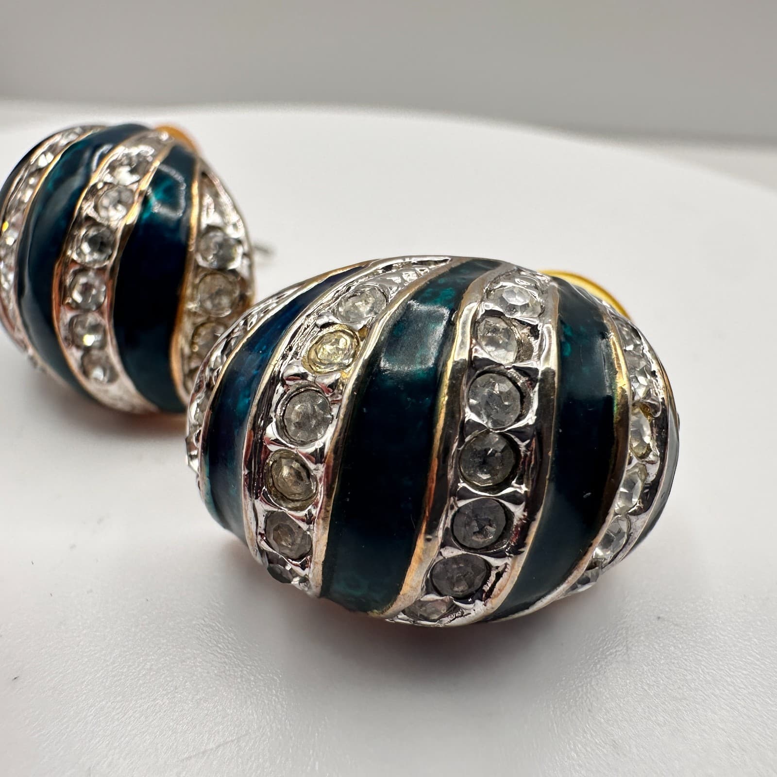 Vintage 80s Teal Blue Enamel Silver Tone Rhinestone Half Hoop Earrings Jewelry - Thumbnail 4