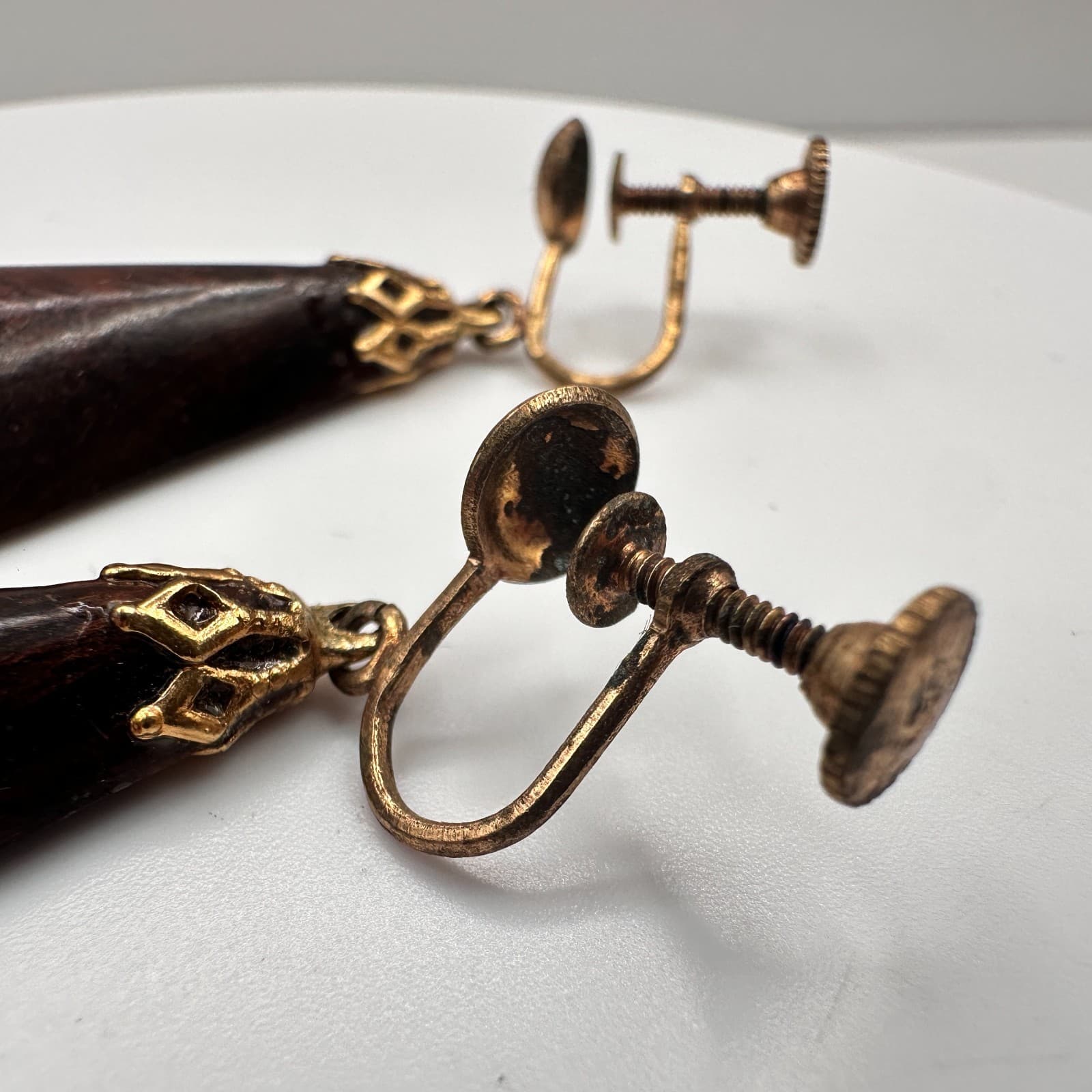 Vintage 90s Wooden Teardrop Dangle Earrings Gold Tone Women's Classic Jewelry - Thumbnail 7