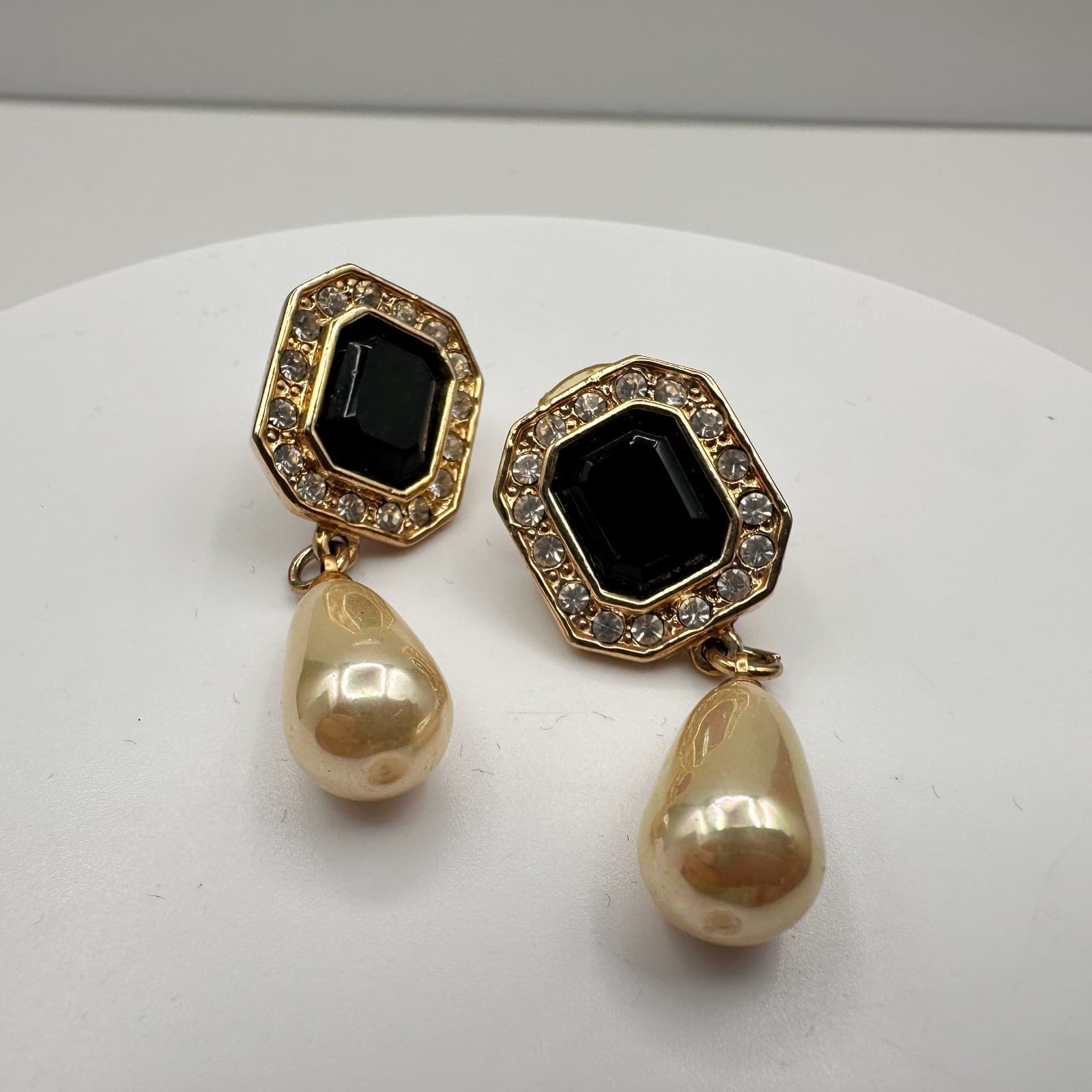 Vintage 90s Roman Gold Tone Black Onyx Glass Crystal Faux Pearl Dangle Earrings - Image 1