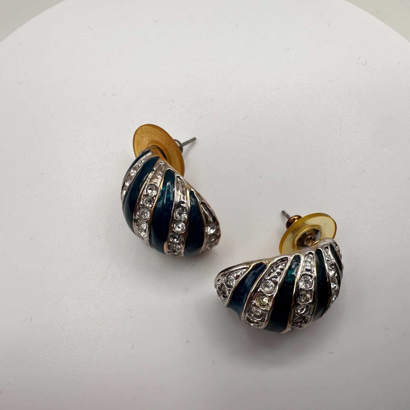 Vintage 80s Teal Blue Enamel Silver Tone Rhinestone Half Hoop Earrings Jewelry - Thumbnail 3