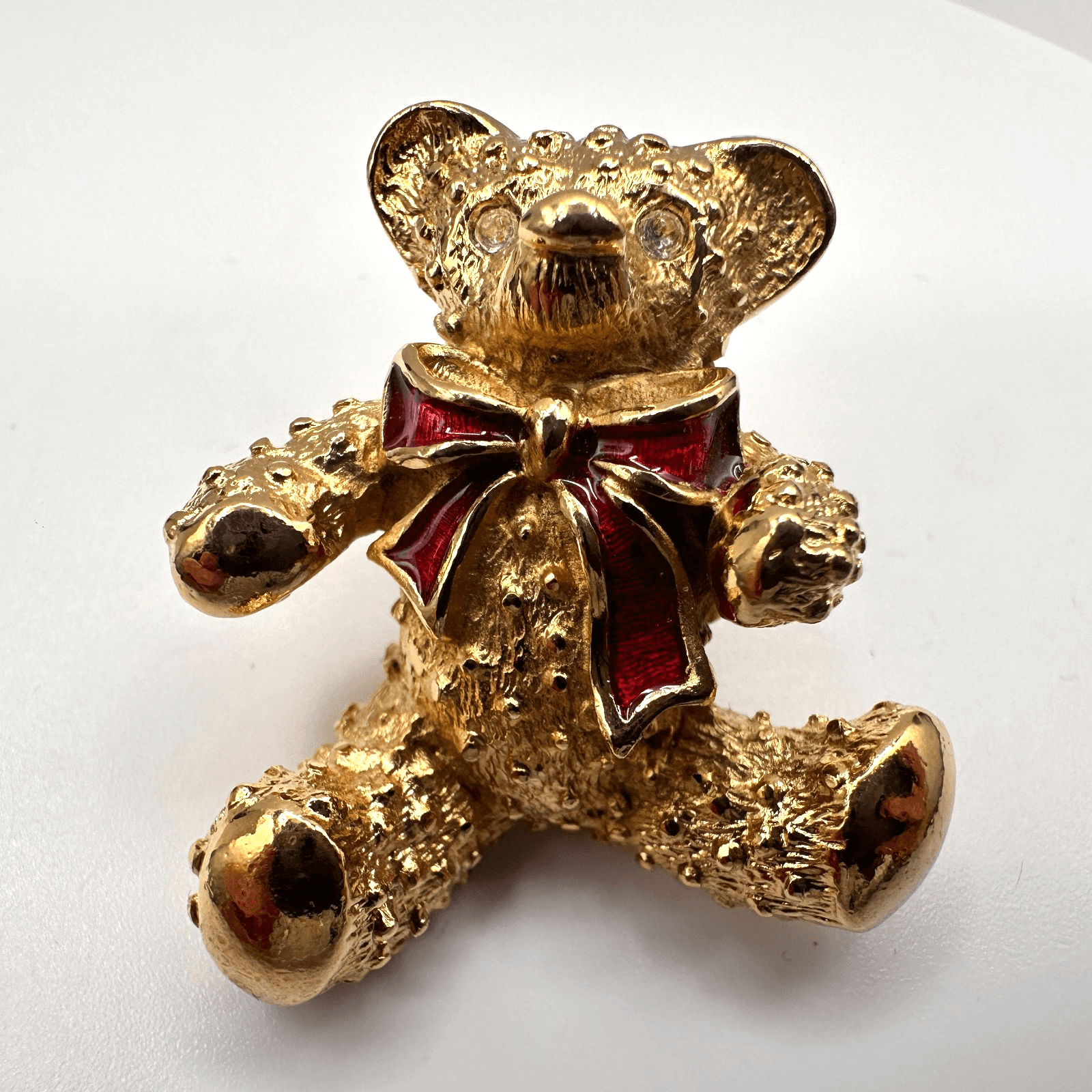 Vintage 80s Gold Tone Teddy Bear Brooch Pin Red Enamel Rhinestone Eyes Jewelry - Image 1