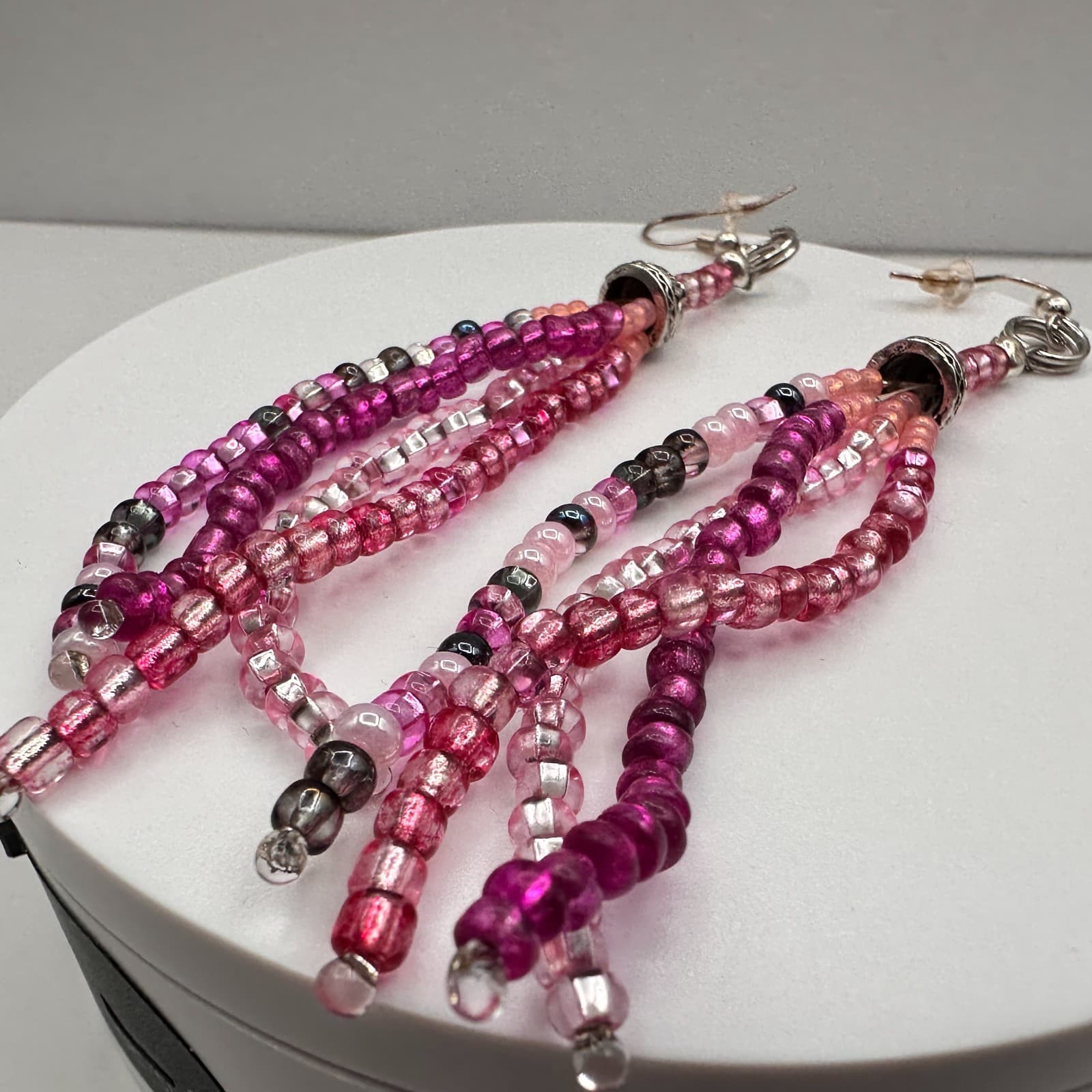 Vintage Y2K Beaded Tassel Dangle Earrings Silver Tone Boho Statement Jewelry - Thumbnail 6