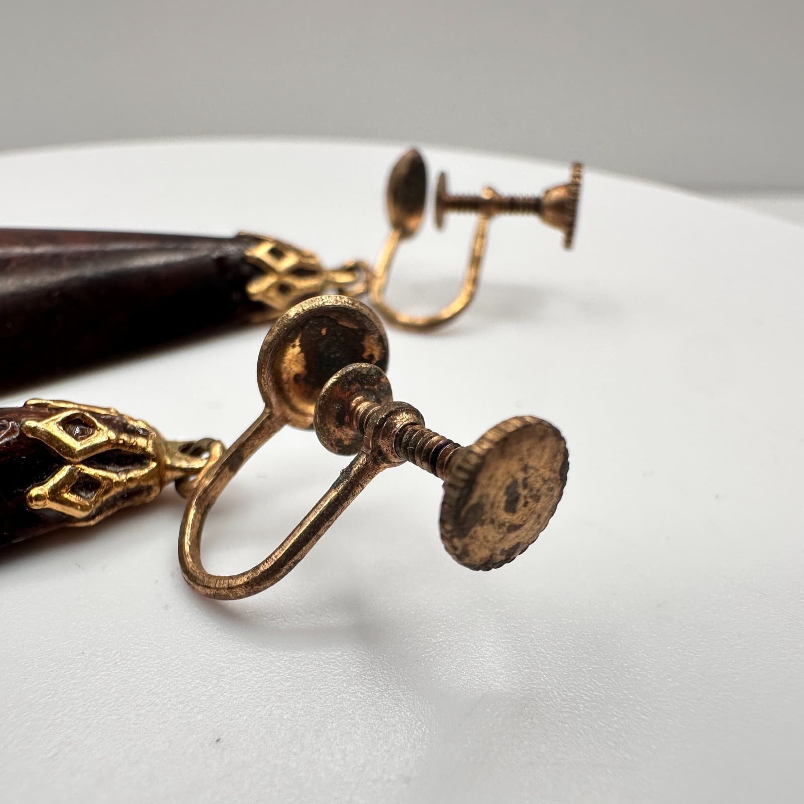 Vintage 90s Wooden Teardrop Dangle Earrings Gold Tone Women's Classic Jewelry - Thumbnail 6