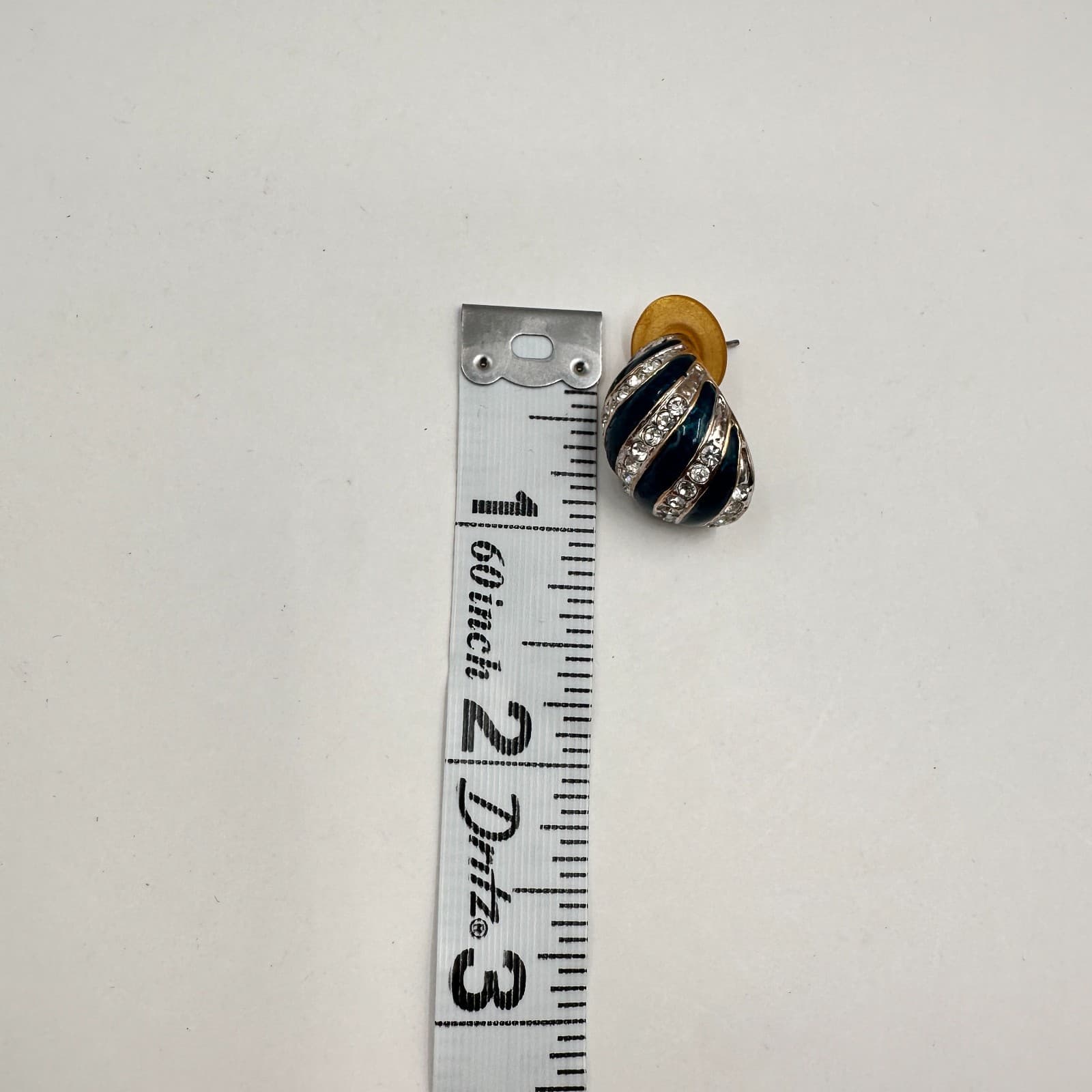 Vintage 80s Teal Blue Enamel Silver Tone Rhinestone Half Hoop Earrings Jewelry - Thumbnail 7