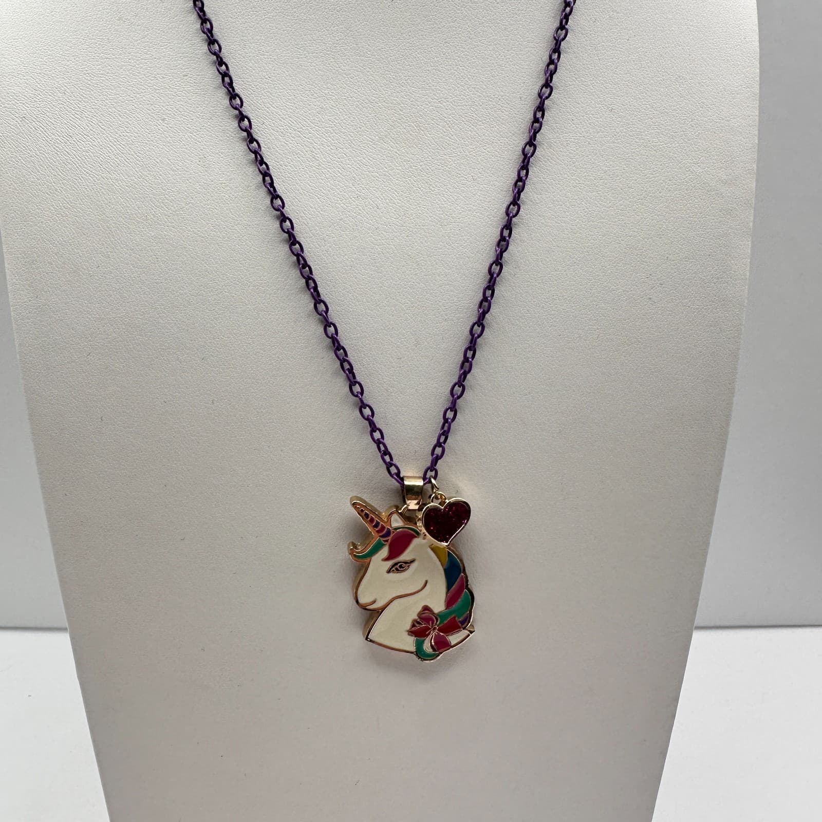 Vintage Y2K Jojo Siwa Unicorn Necklace Purple Chain Glitter Heart Charm Jewelry - Thumbnail 2