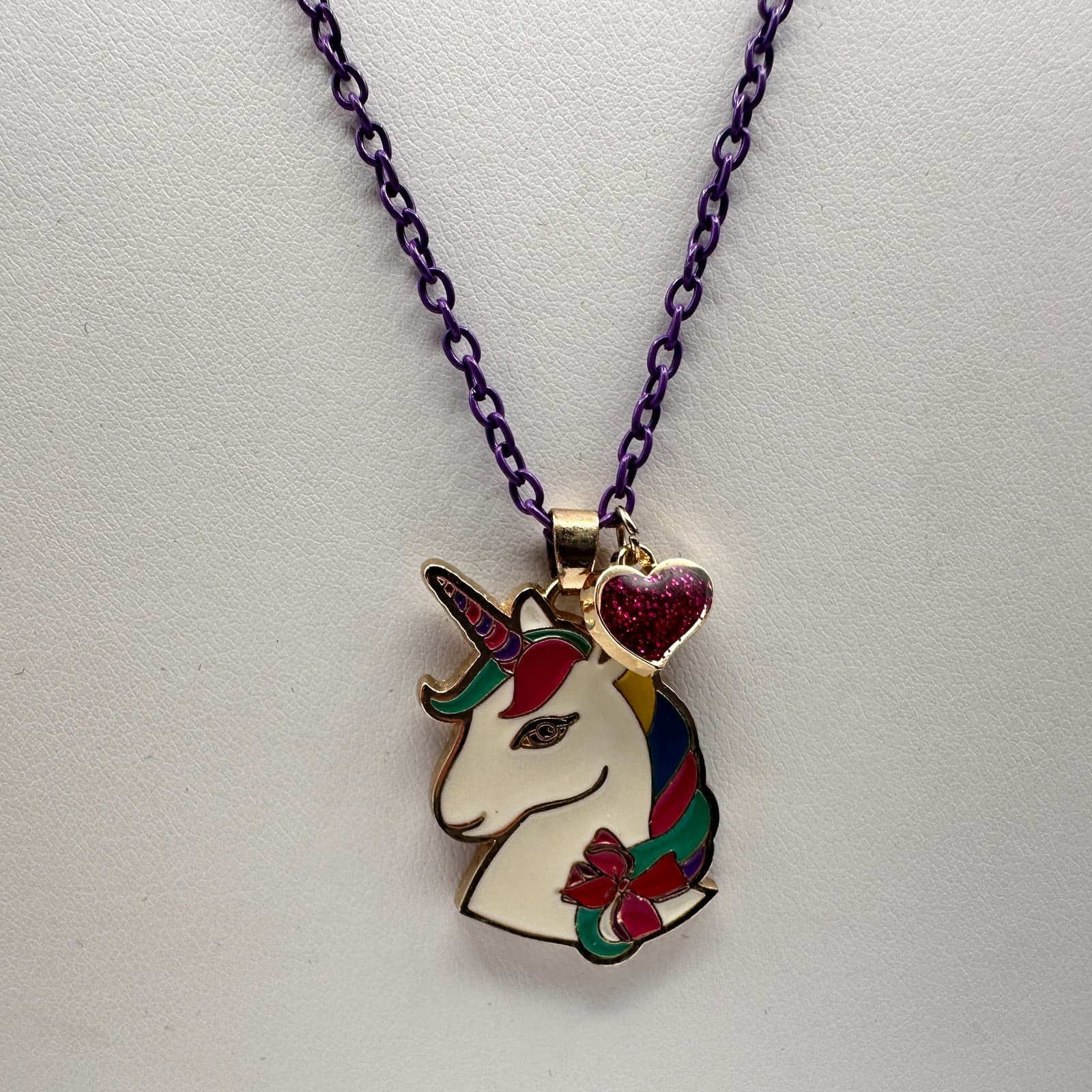 Vintage Y2K Jojo Siwa Unicorn Necklace Purple Chain Glitter Heart Charm Jewelry - Thumbnail 3