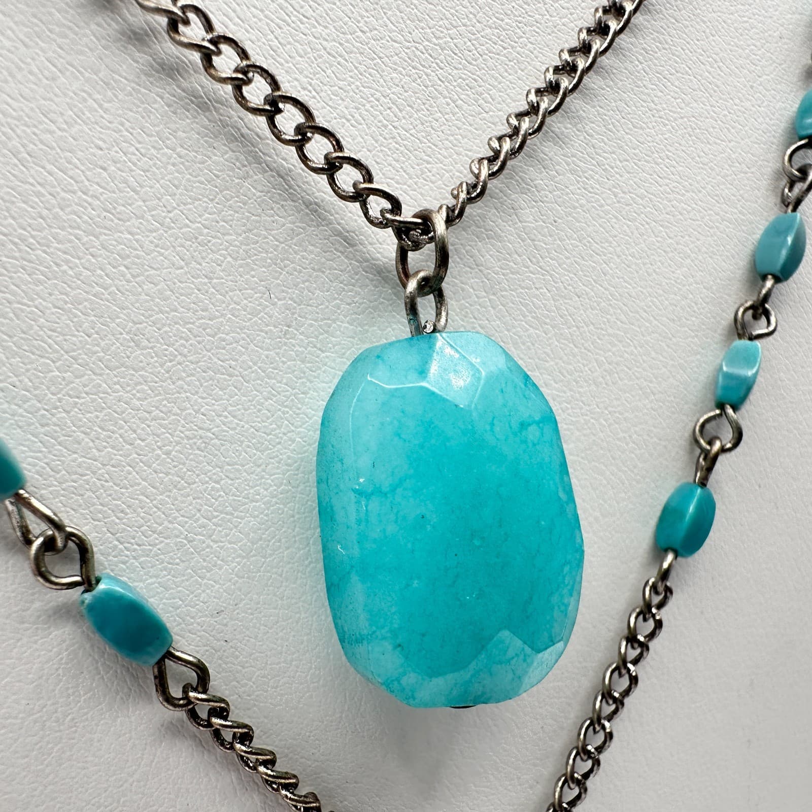 Vintage Y2K Multi Stand Necklace Silver Tone Faux Turquoise Blue Stone Jewelry - Thumbnail 4