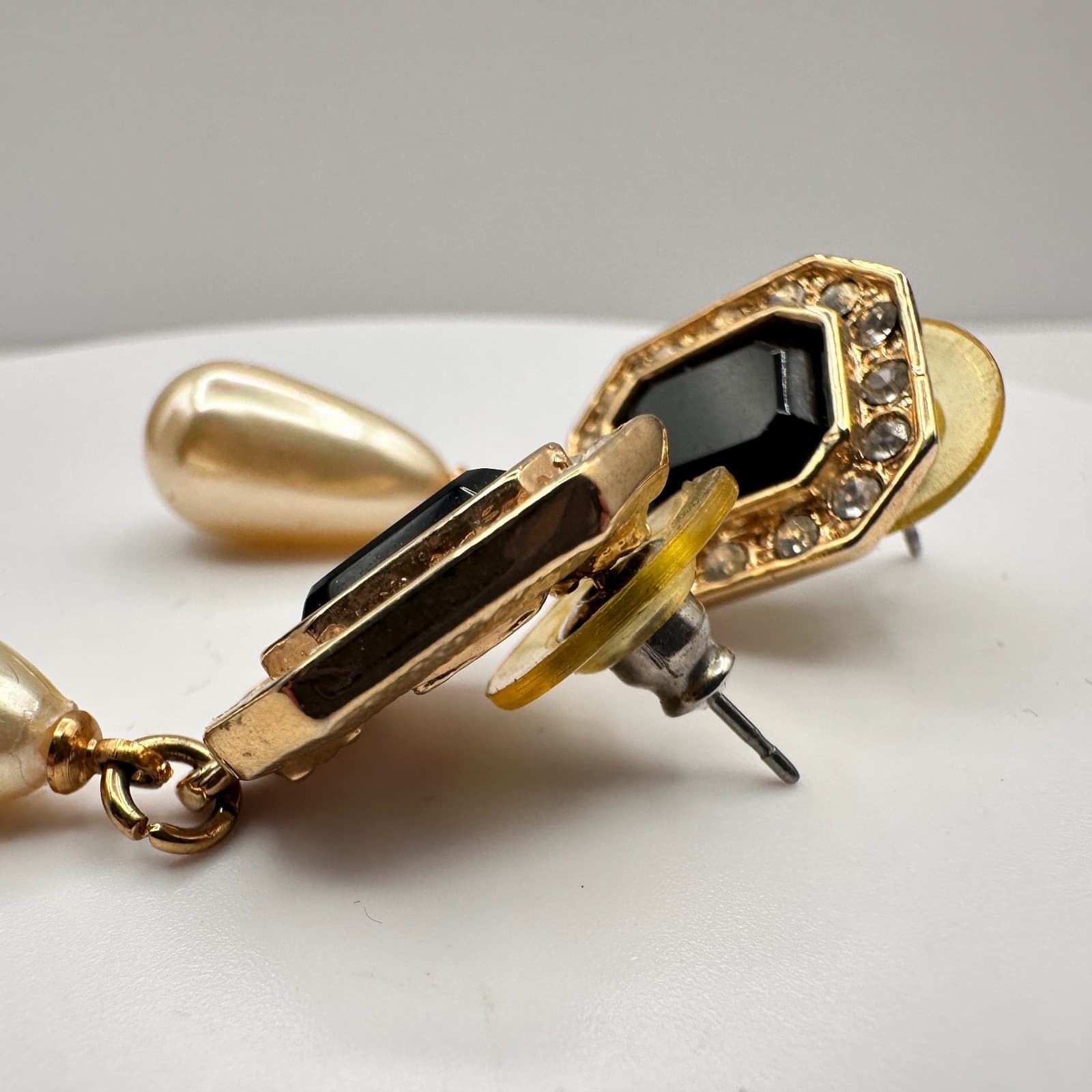 Vintage 90s Roman Gold Tone Black Onyx Glass Crystal Faux Pearl Dangle Earrings - Thumbnail 5