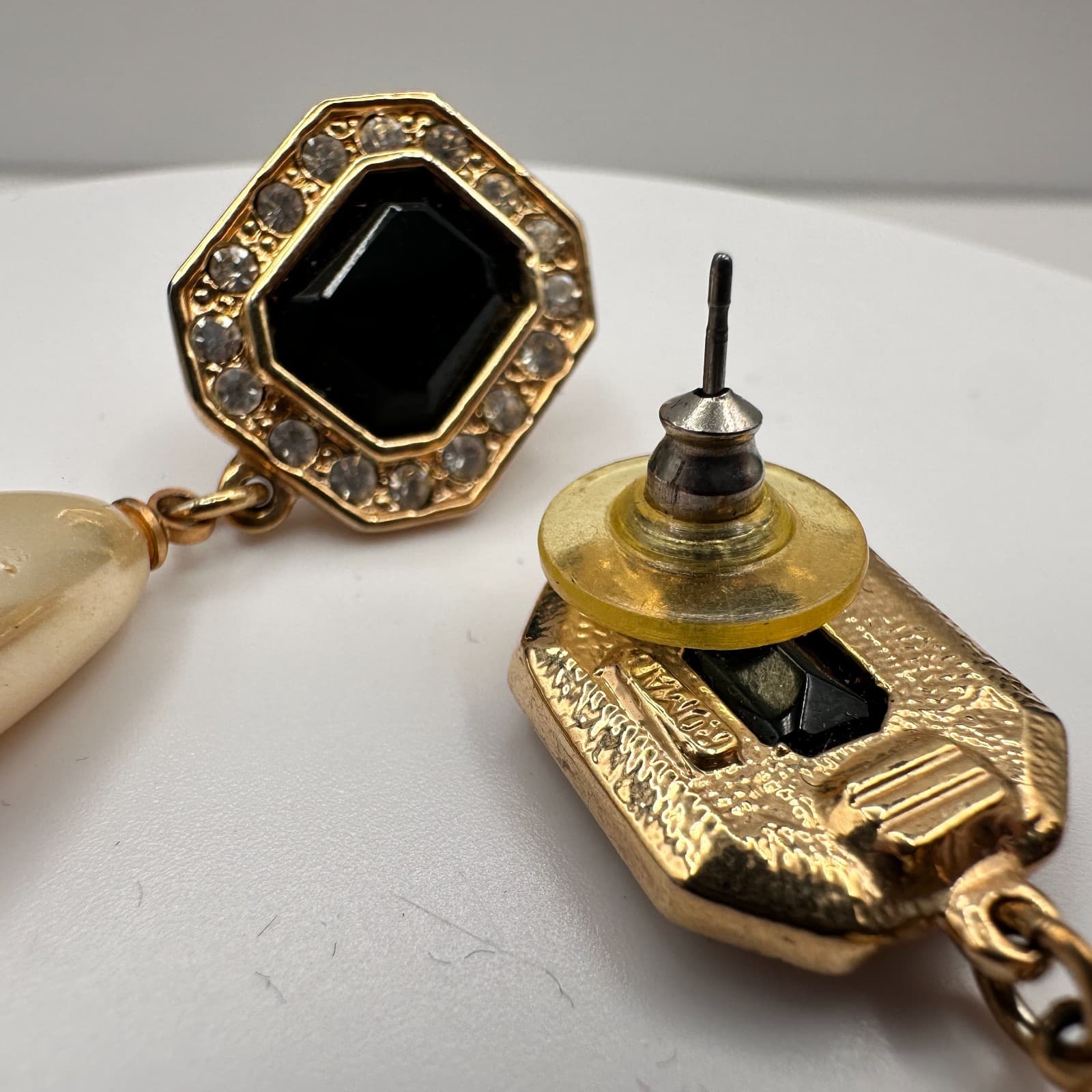 Vintage 90s Roman Gold Tone Black Onyx Glass Crystal Faux Pearl Dangle Earrings - Thumbnail 6