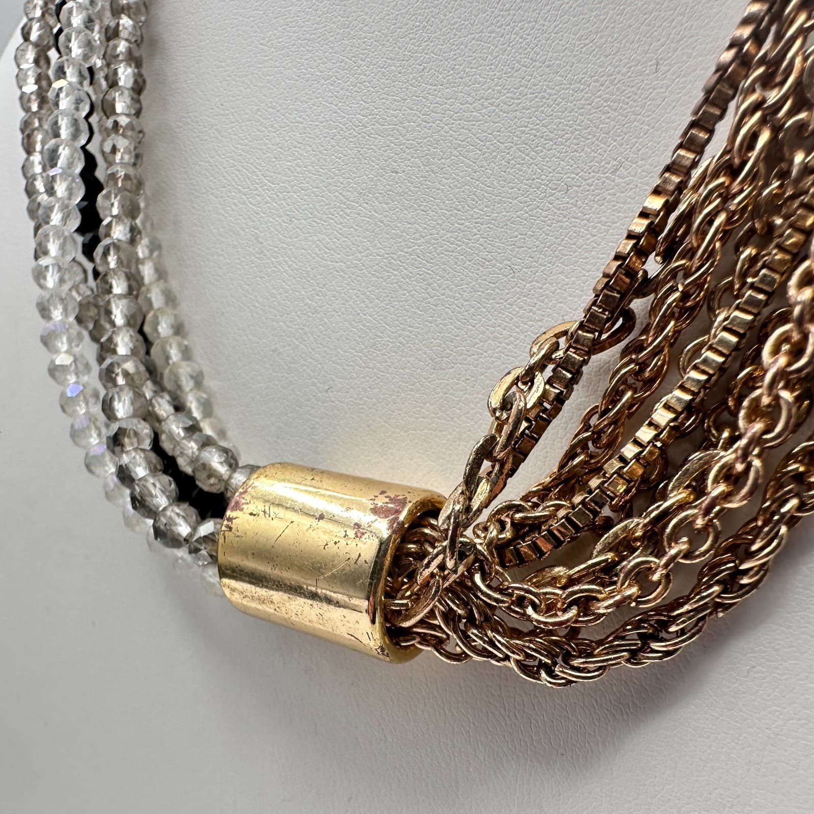 Vintage Y2K Collar Necklace Gold Tone Multi Strand Chain Crystal Beaded Jewelry - Thumbnail 6