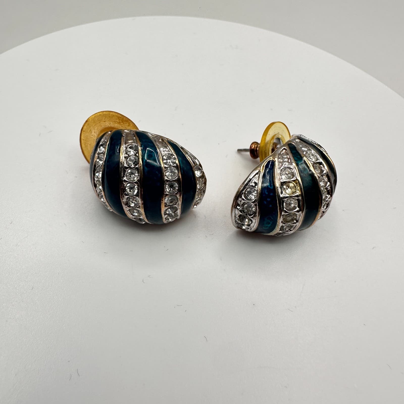 Vintage 80s Teal Blue Enamel Silver Tone Rhinestone Half Hoop Earrings Jewelry - Thumbnail 6