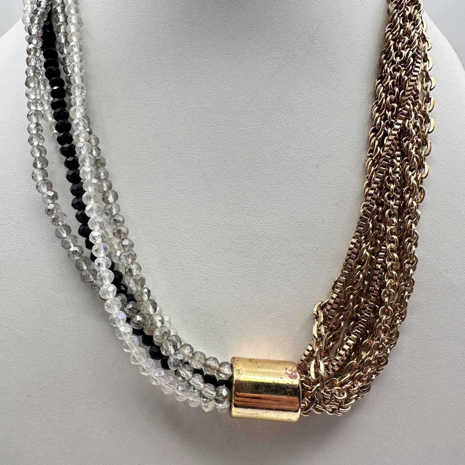 Vintage Y2K Collar Necklace Gold Tone Multi Strand Chain Crystal Beaded Jewelry - Thumbnail 9