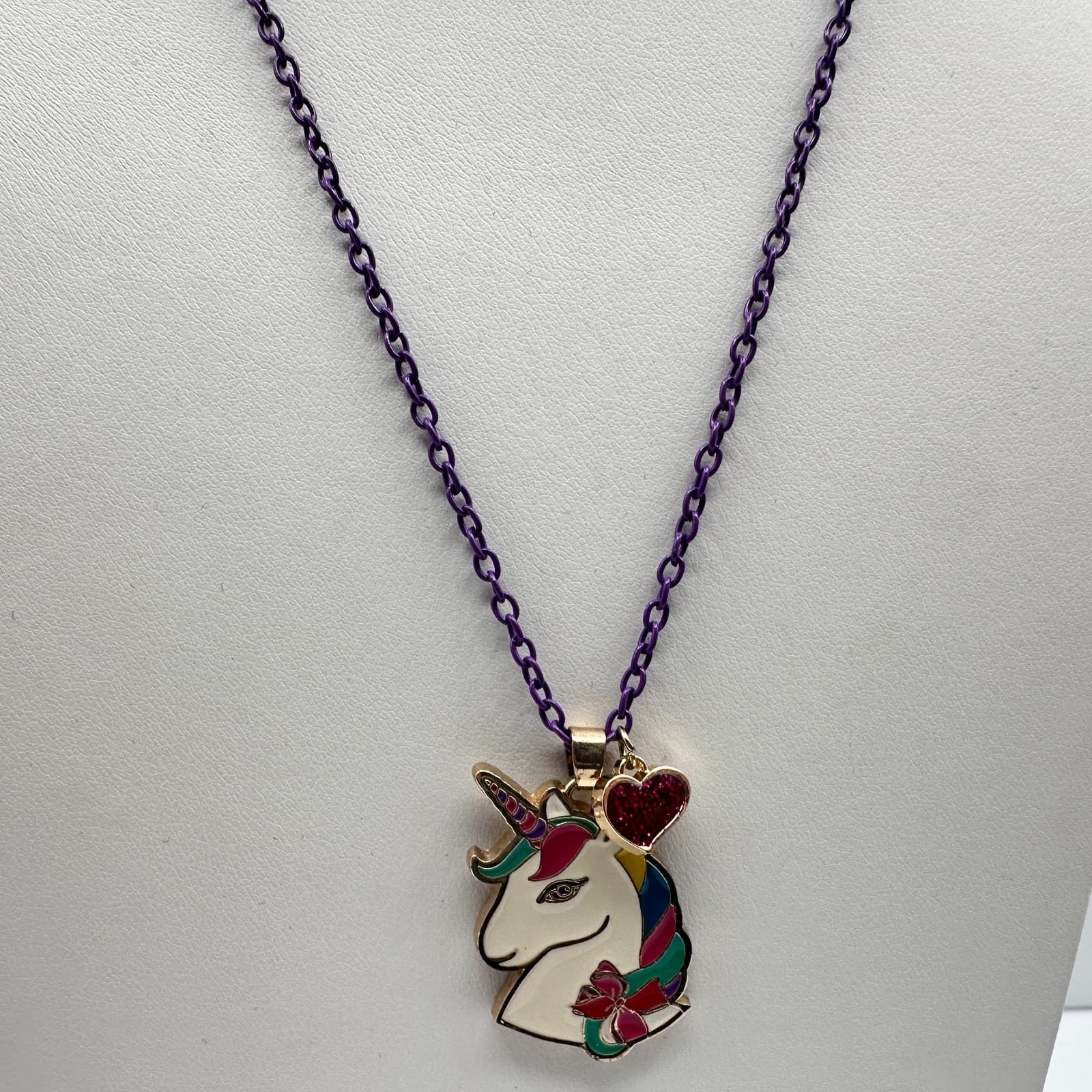 Vintage Y2K Jojo Siwa Unicorn Necklace Purple Chain Glitter Heart Charm Jewelry - Thumbnail 5