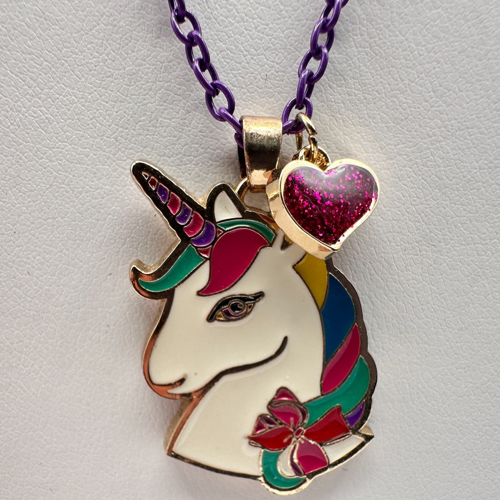 Vintage Y2K Jojo Siwa Unicorn Necklace Purple Chain Glitter Heart Charm Jewelry - Image 1