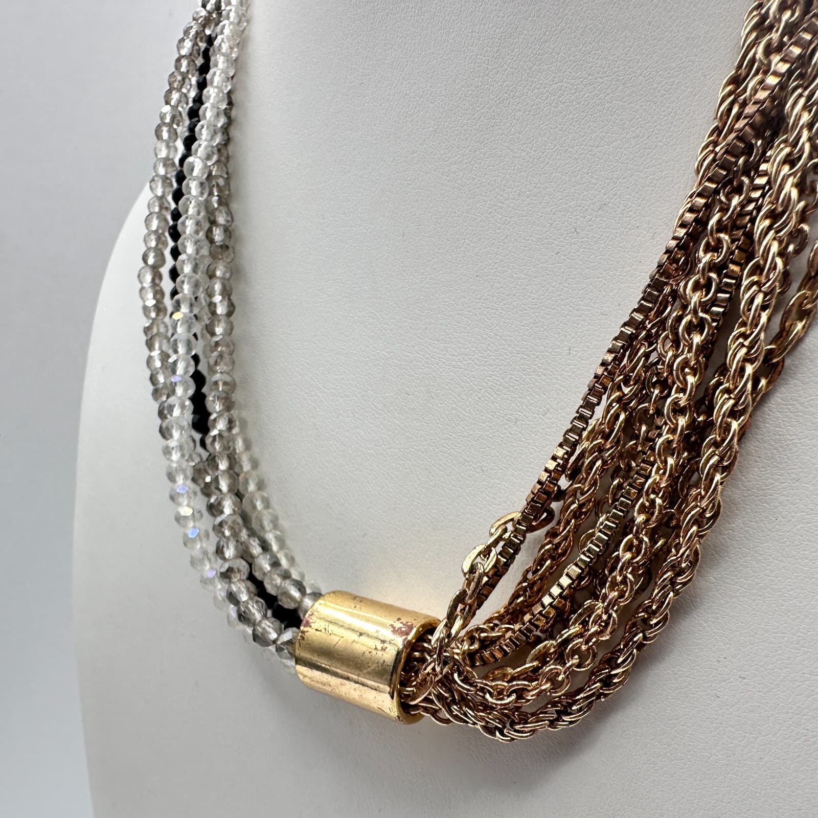 Vintage Y2K Collar Necklace Gold Tone Multi Strand Chain Crystal Beaded Jewelry - Thumbnail 7