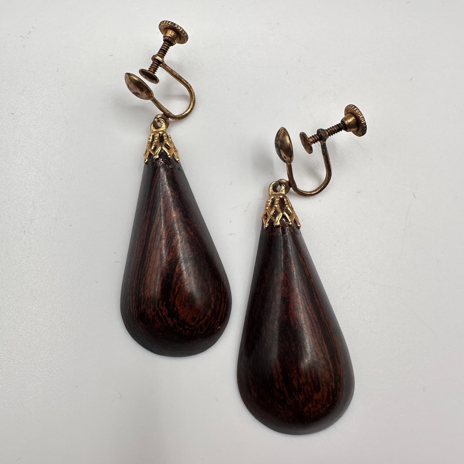 Vintage 90s Wooden Teardrop Dangle Earrings Gold Tone Women's Classic Jewelry - Thumbnail 8