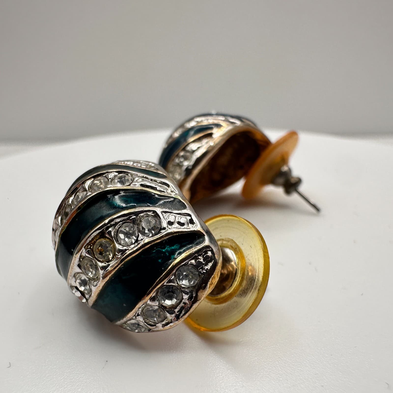 Vintage 80s Teal Blue Enamel Silver Tone Rhinestone Half Hoop Earrings Jewelry - Thumbnail 5