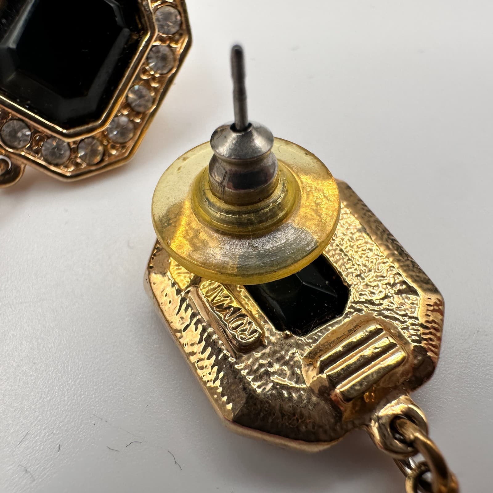 Vintage 90s Roman Gold Tone Black Onyx Glass Crystal Faux Pearl Dangle Earrings - Thumbnail 7