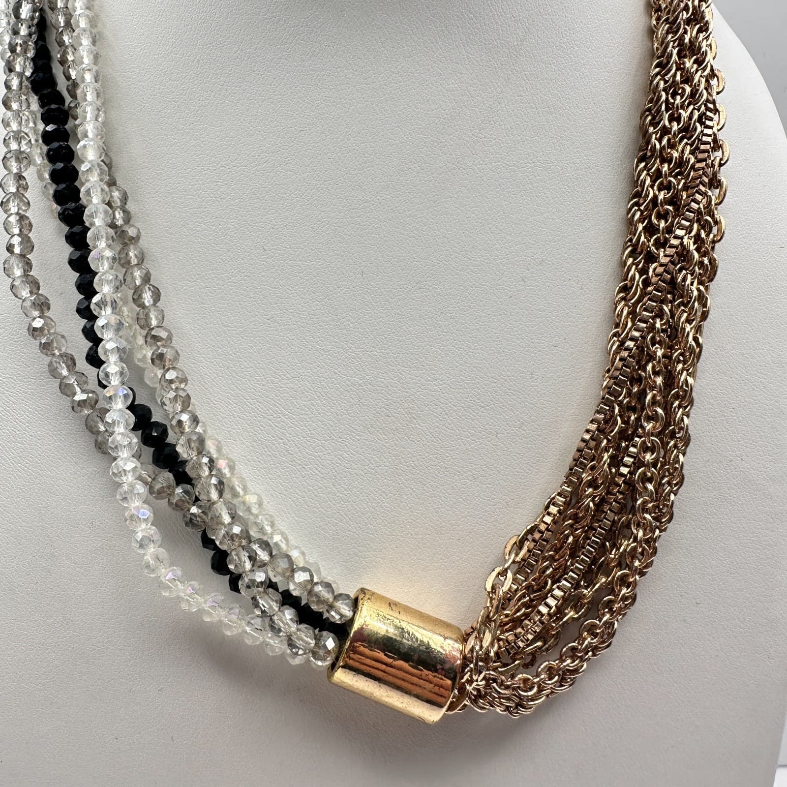 Vintage Y2K Collar Necklace Gold Tone Multi Strand Chain Crystal Beaded Jewelry - Thumbnail 2