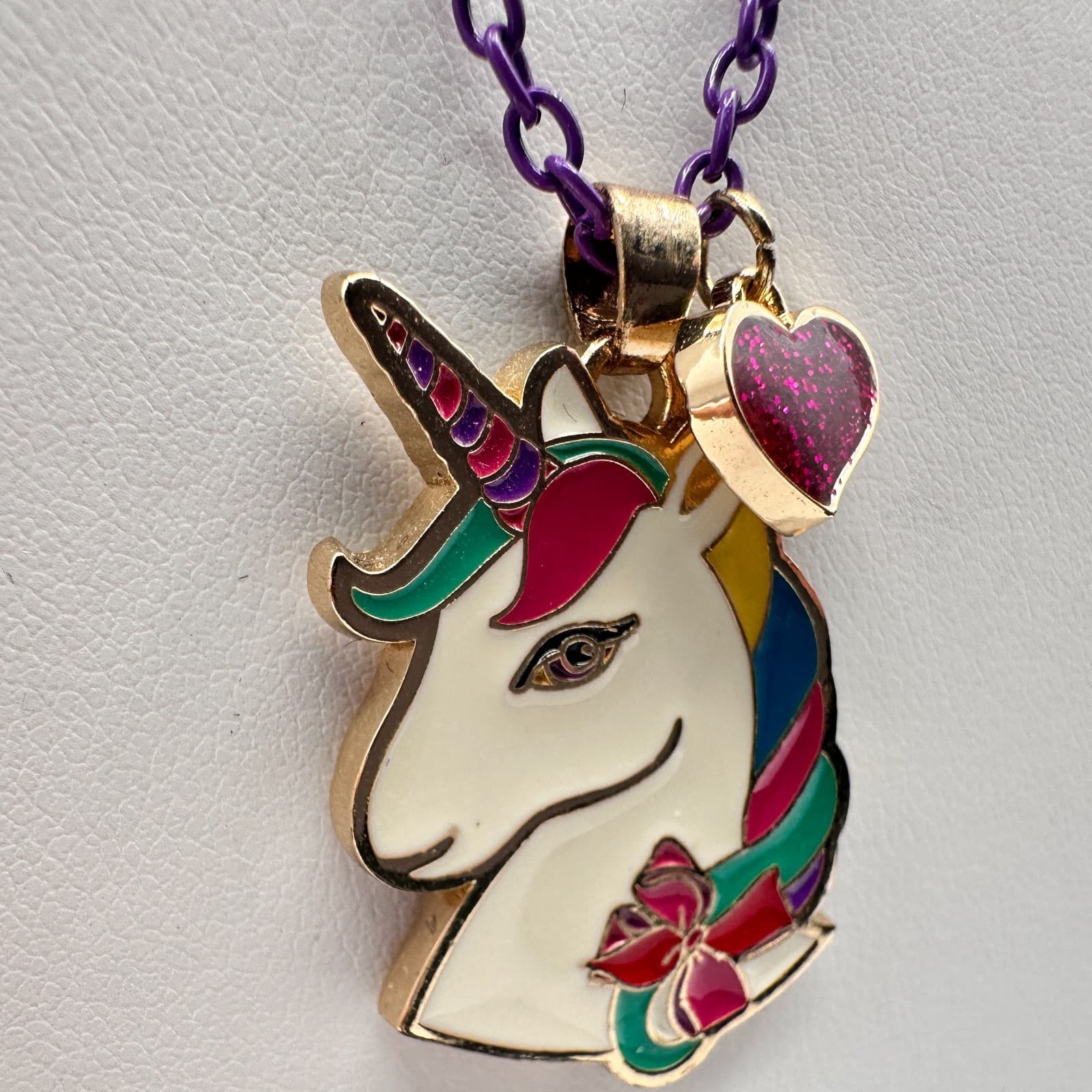 Vintage Y2K Jojo Siwa Unicorn Necklace Purple Chain Glitter Heart Charm Jewelry - Thumbnail 4