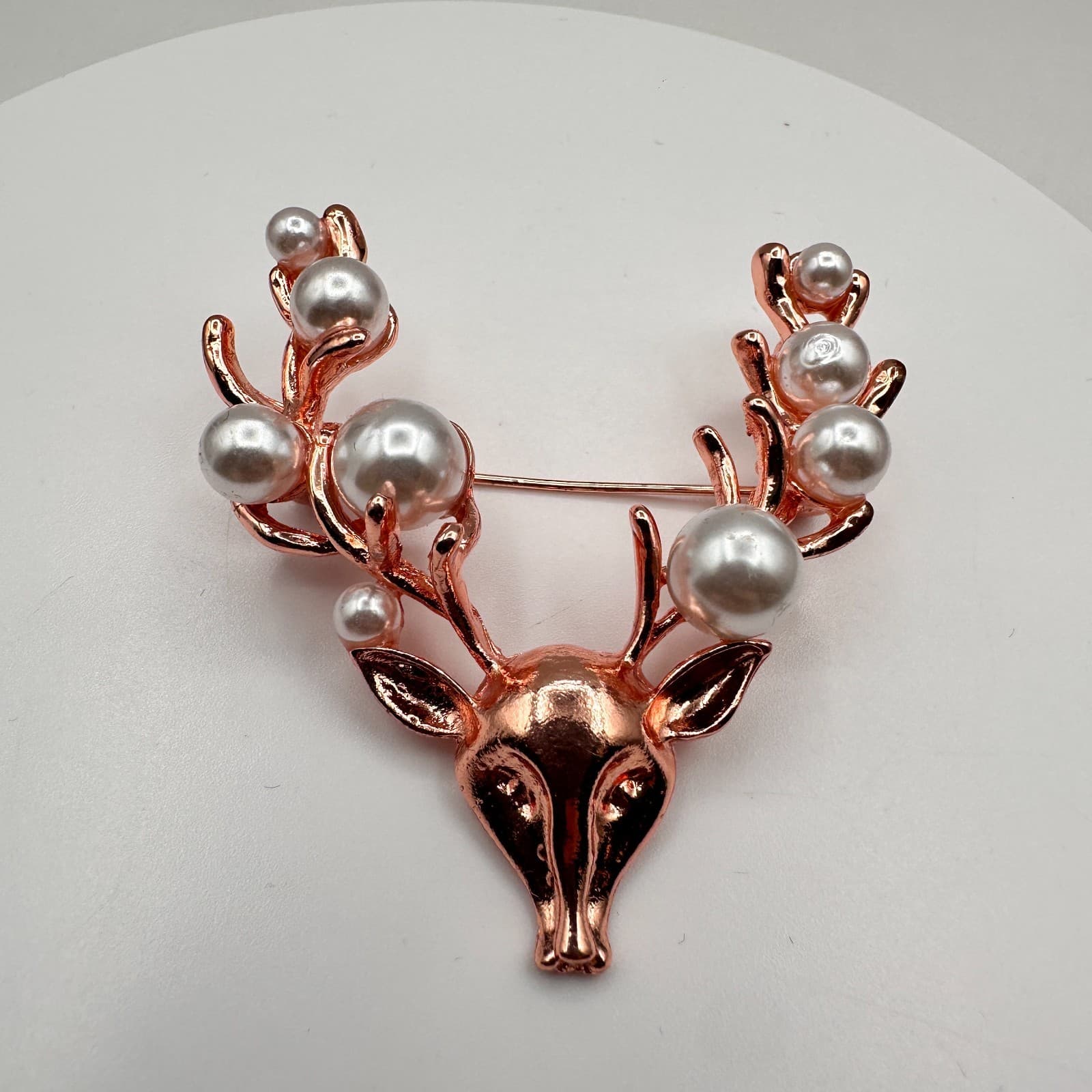 Vintage 90s Rose Gold Tone Faux Pearl Deer Antler Brooch Pin Reindeer Jewelry - Thumbnail 2