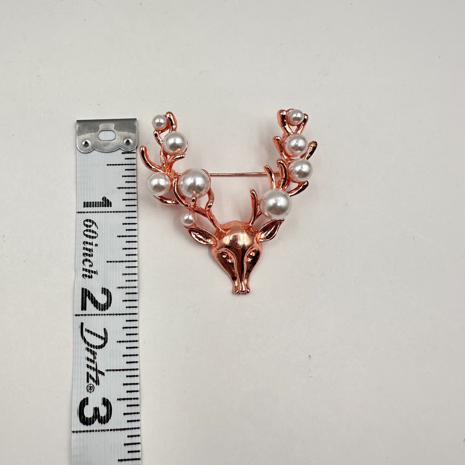 Vintage 90s Rose Gold Tone Faux Pearl Deer Antler Brooch Pin Reindeer Jewelry - Thumbnail 7