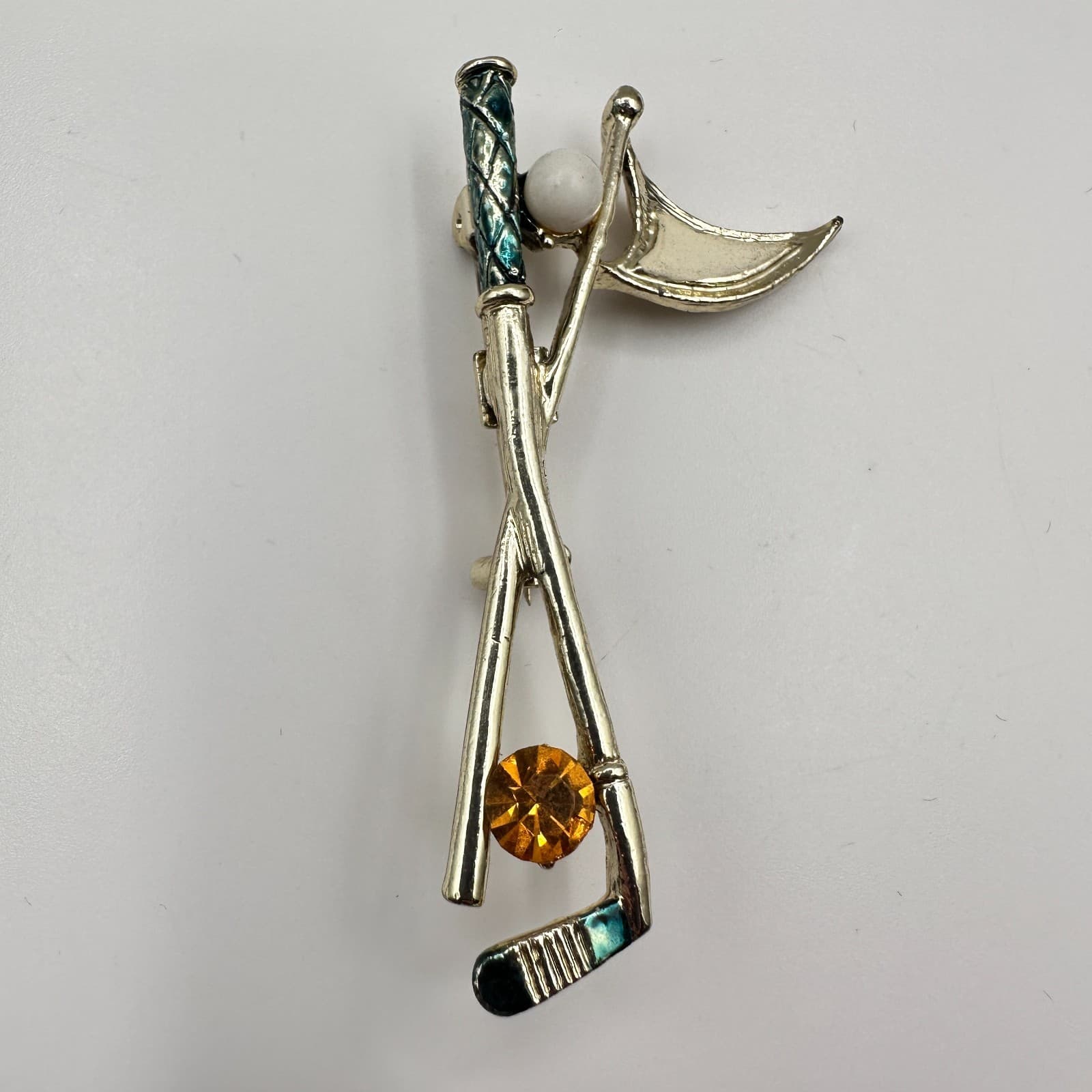 Vintage 90s Gerry's Golf Club Flag Brooch Pin Gold Tone Amber Rhinestone Jewelry - Thumbnail 3