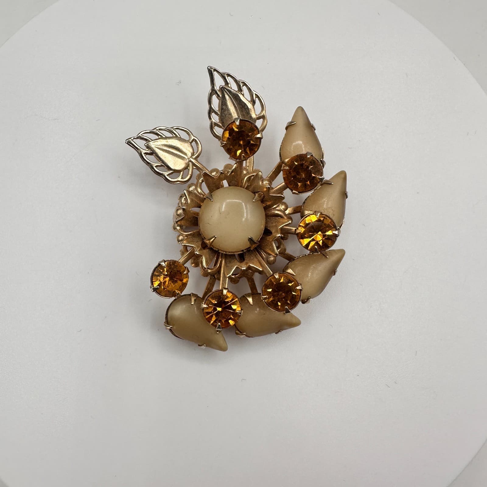 Vintage 80s Gold Tone Floral Brooch Pin Amber Rhinestone Cream Cabochon Jewelry - Thumbnail 2