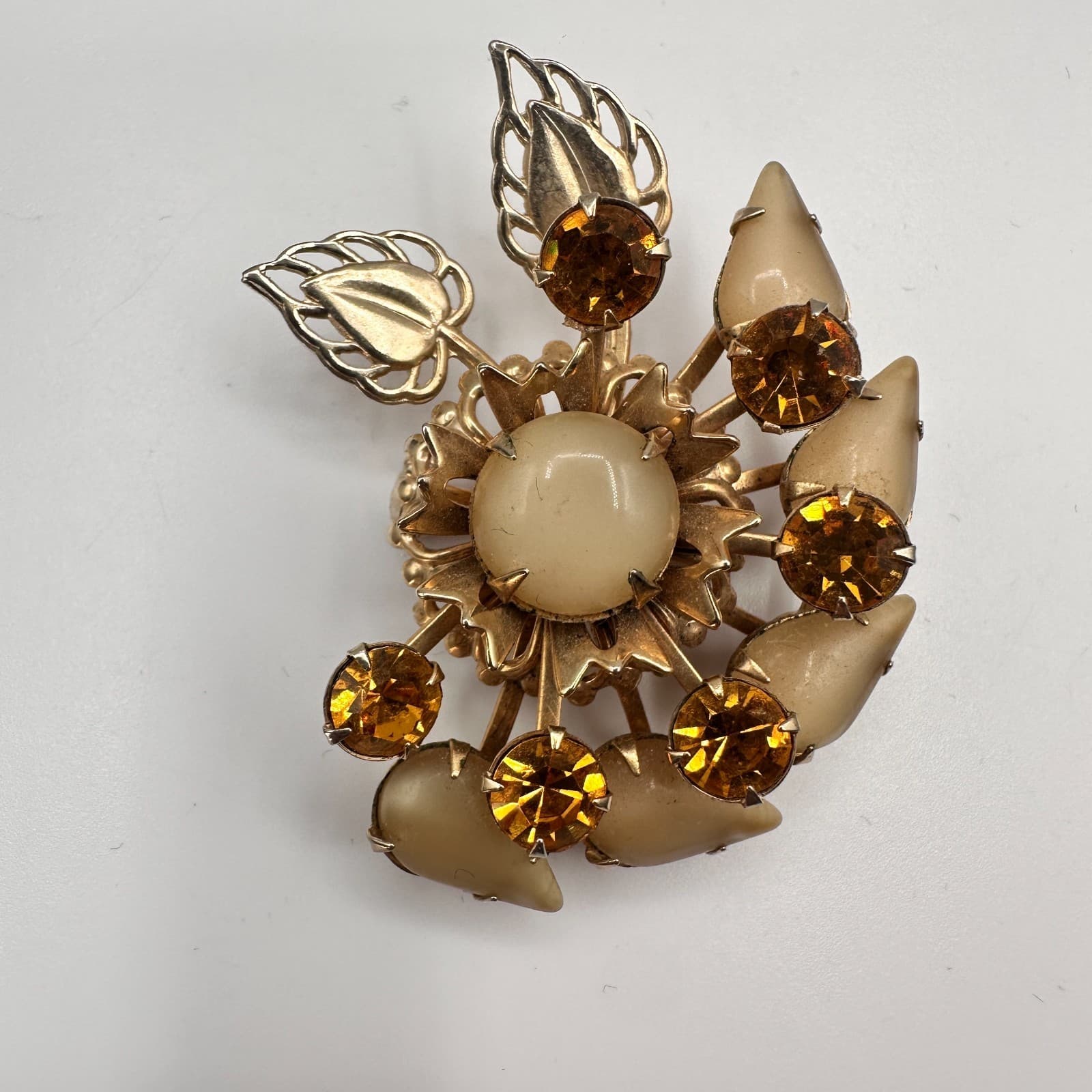 Vintage 80s Gold Tone Floral Brooch Pin Amber Rhinestone Cream Cabochon Jewelry - Thumbnail 3