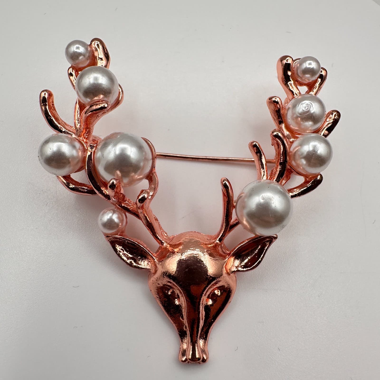 Vintage 90s Rose Gold Tone Faux Pearl Deer Antler Brooch Pin Reindeer Jewelry - Thumbnail 3