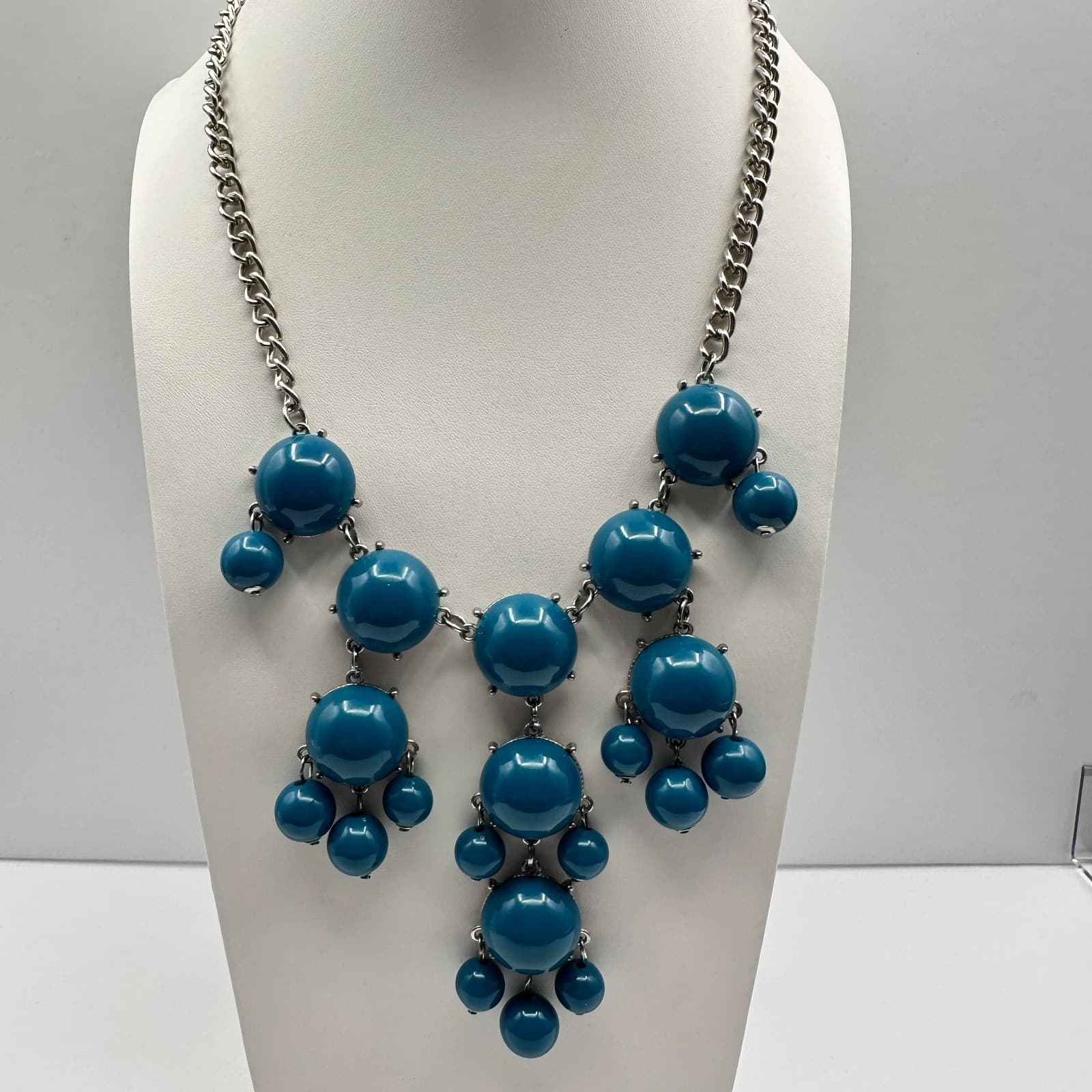 Vintage Y2K Blue Cabochon Beaded Statement Bib Necklace Silver Tone Boho Jewelry - Thumbnail 3