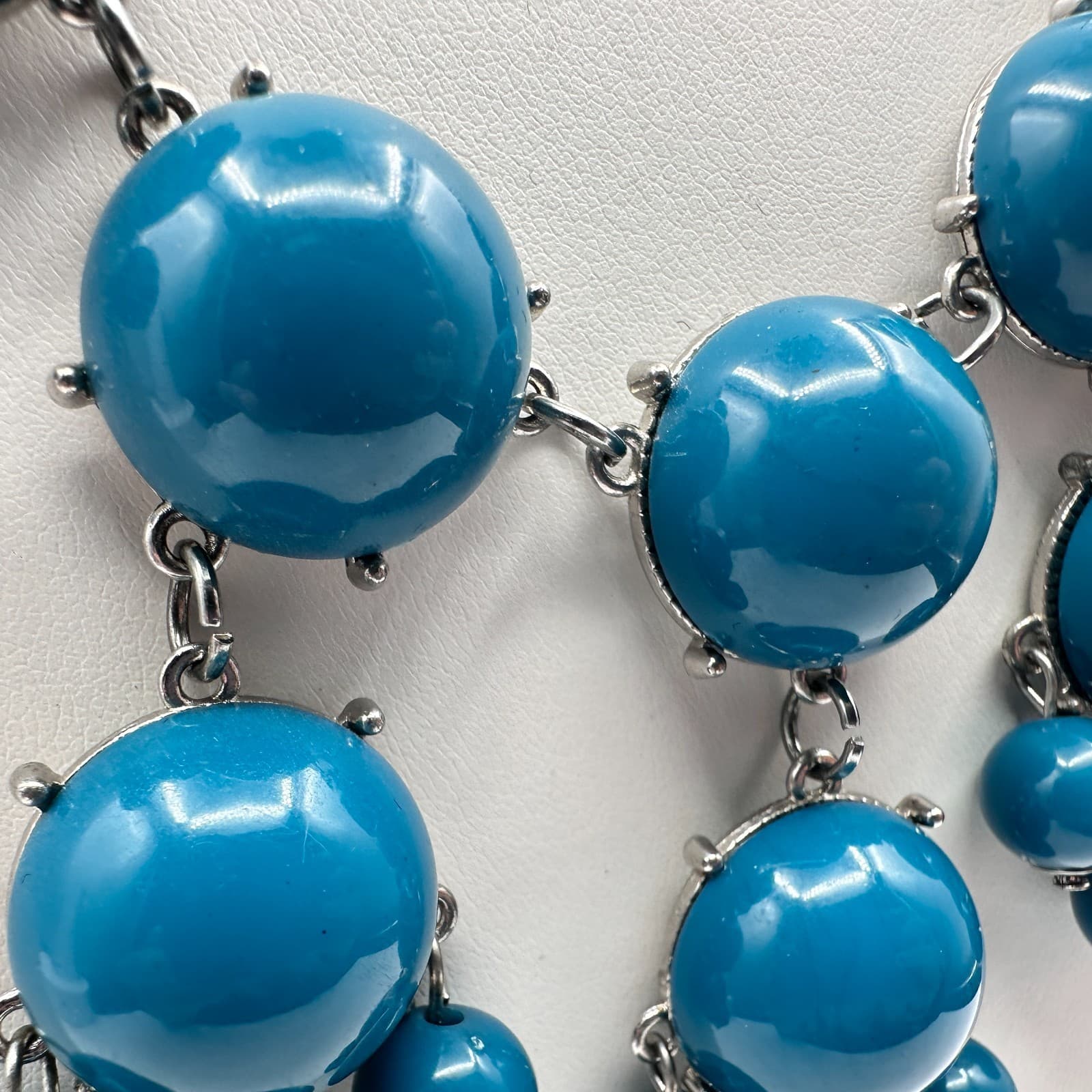 Vintage Y2K Blue Cabochon Beaded Statement Bib Necklace Silver Tone Boho Jewelry - Thumbnail 5