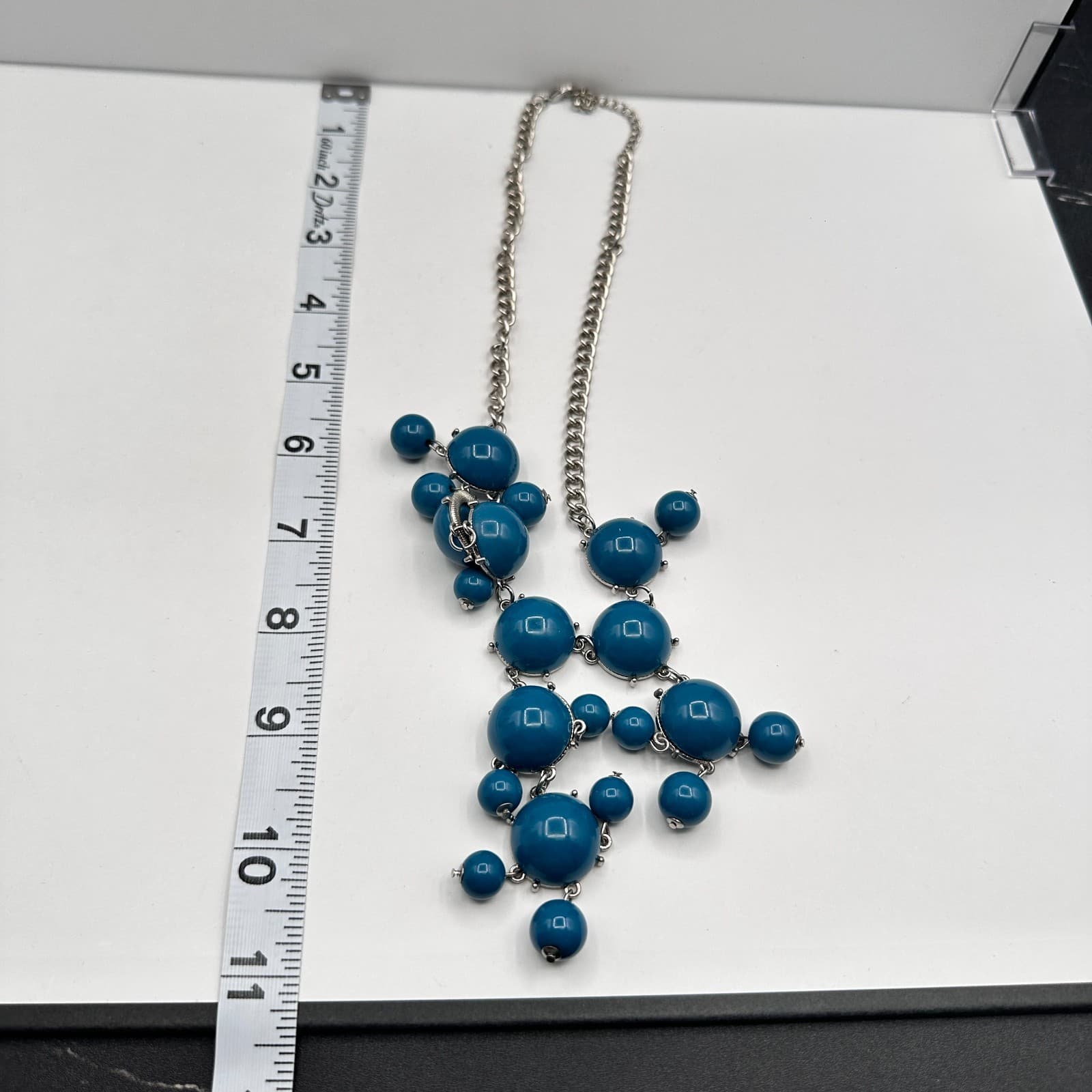 Vintage Y2K Blue Cabochon Beaded Statement Bib Necklace Silver Tone Boho Jewelry - Thumbnail 9