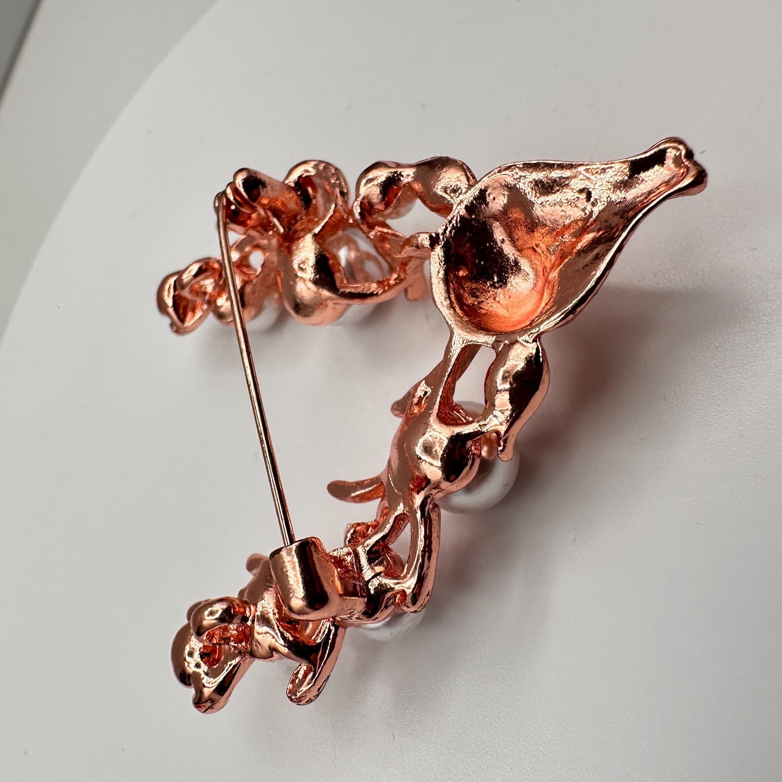 Vintage 90s Rose Gold Tone Faux Pearl Deer Antler Brooch Pin Reindeer Jewelry - Thumbnail 6
