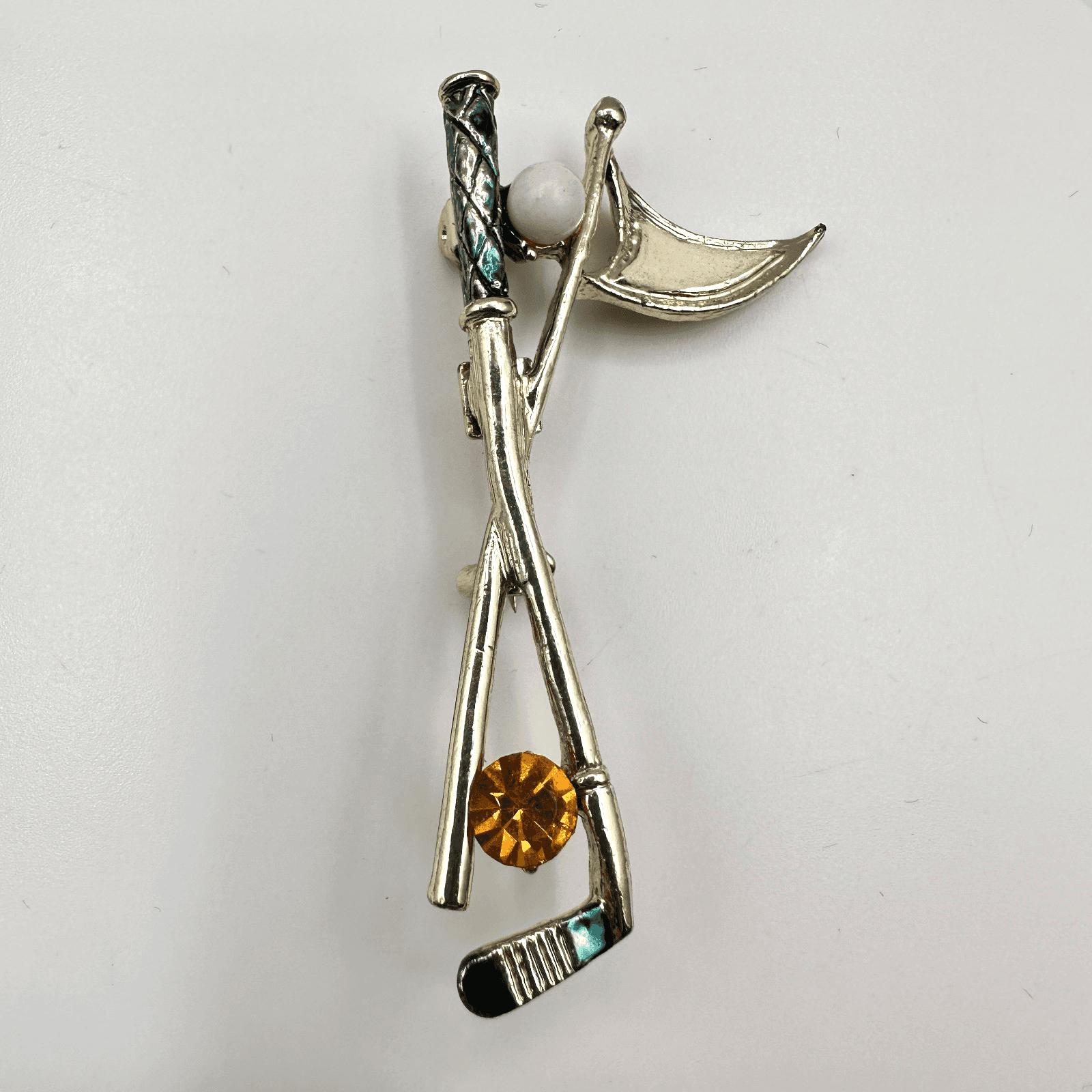 Vintage 90s Gerry's Golf Club Flag Brooch Pin Gold Tone Amber Rhinestone Jewelry - Image 1