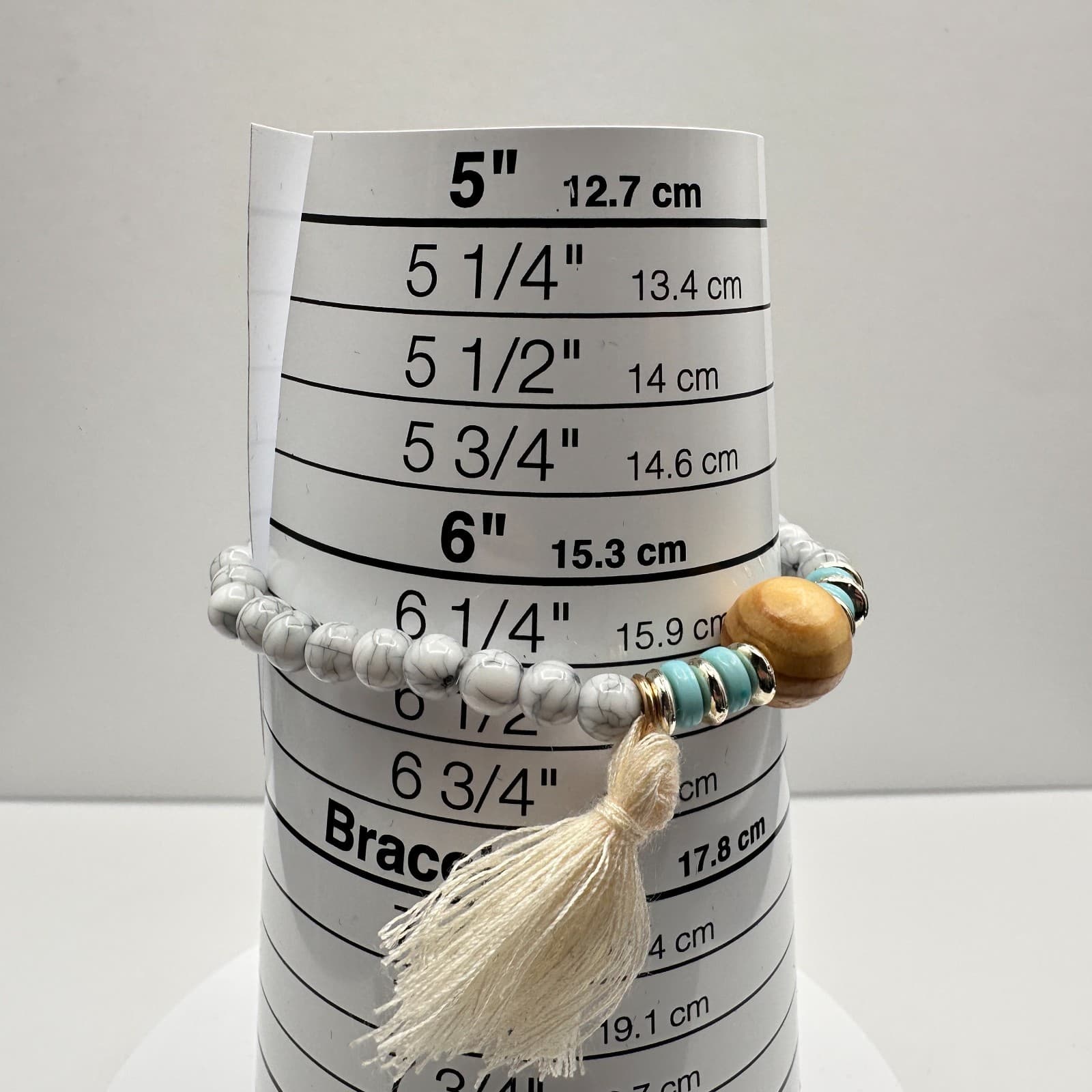 Vintage 90s White Howlite Beaded Bracelet Tassel Wooden Women's Classic Jewelry - Thumbnail 7