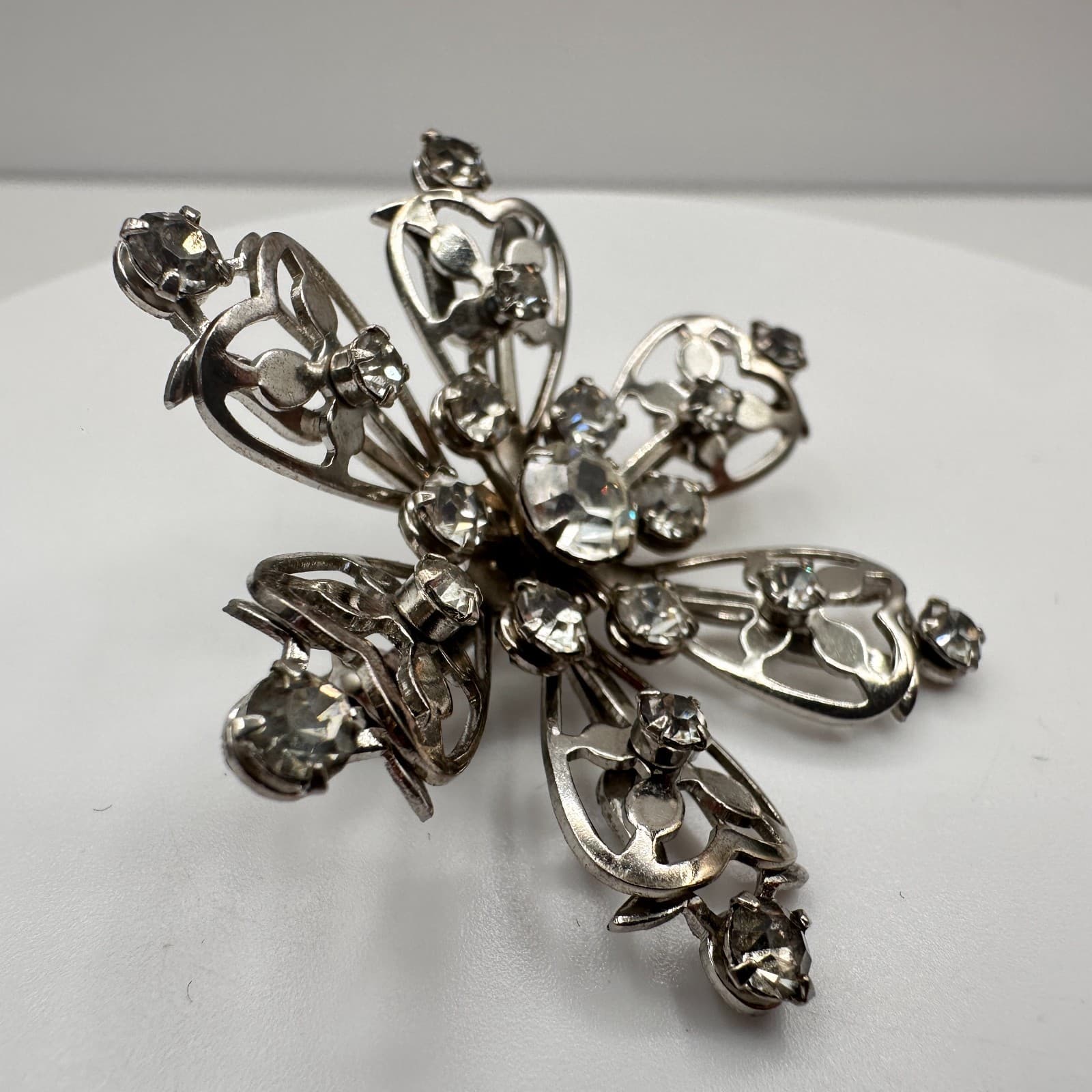 Vintage 80s Silver Tone Floral Brooch Pin Clear Rhinestone Women's Jewelry - Thumbnail 3