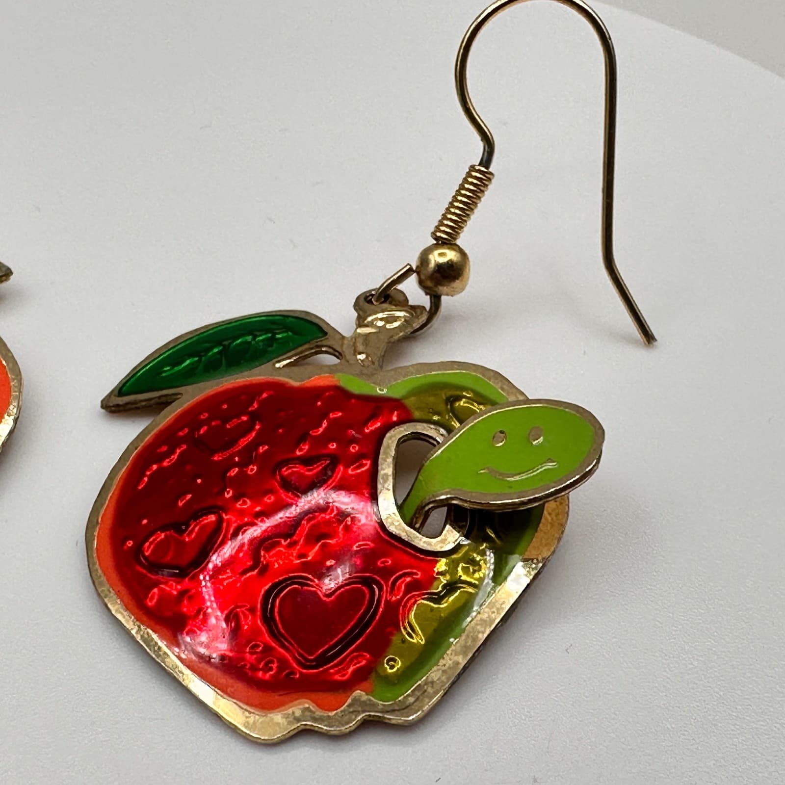 Vintage 80s Fun Red Apple Dangle Earrings Green Leaf & Worm Accent Jewelry - Thumbnail 6