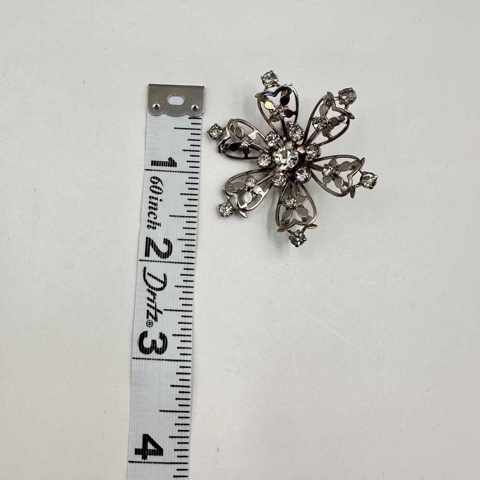 Vintage 80s Silver Tone Floral Brooch Pin Clear Rhinestone Women's Jewelry - Thumbnail 6